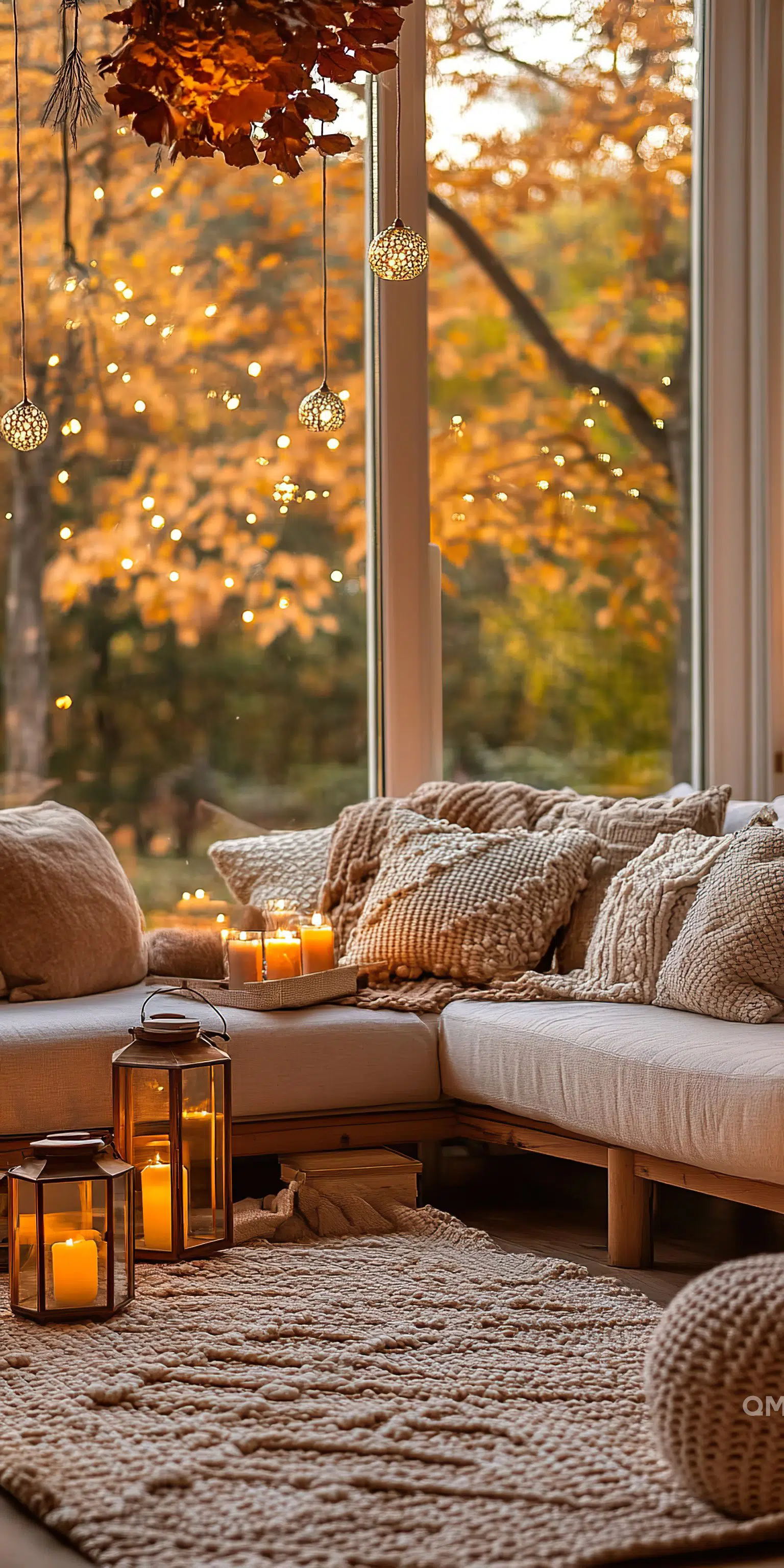 Cozy autumn interior with a window view of fall trees, candles, knit pillows, and hanging decorative lights.