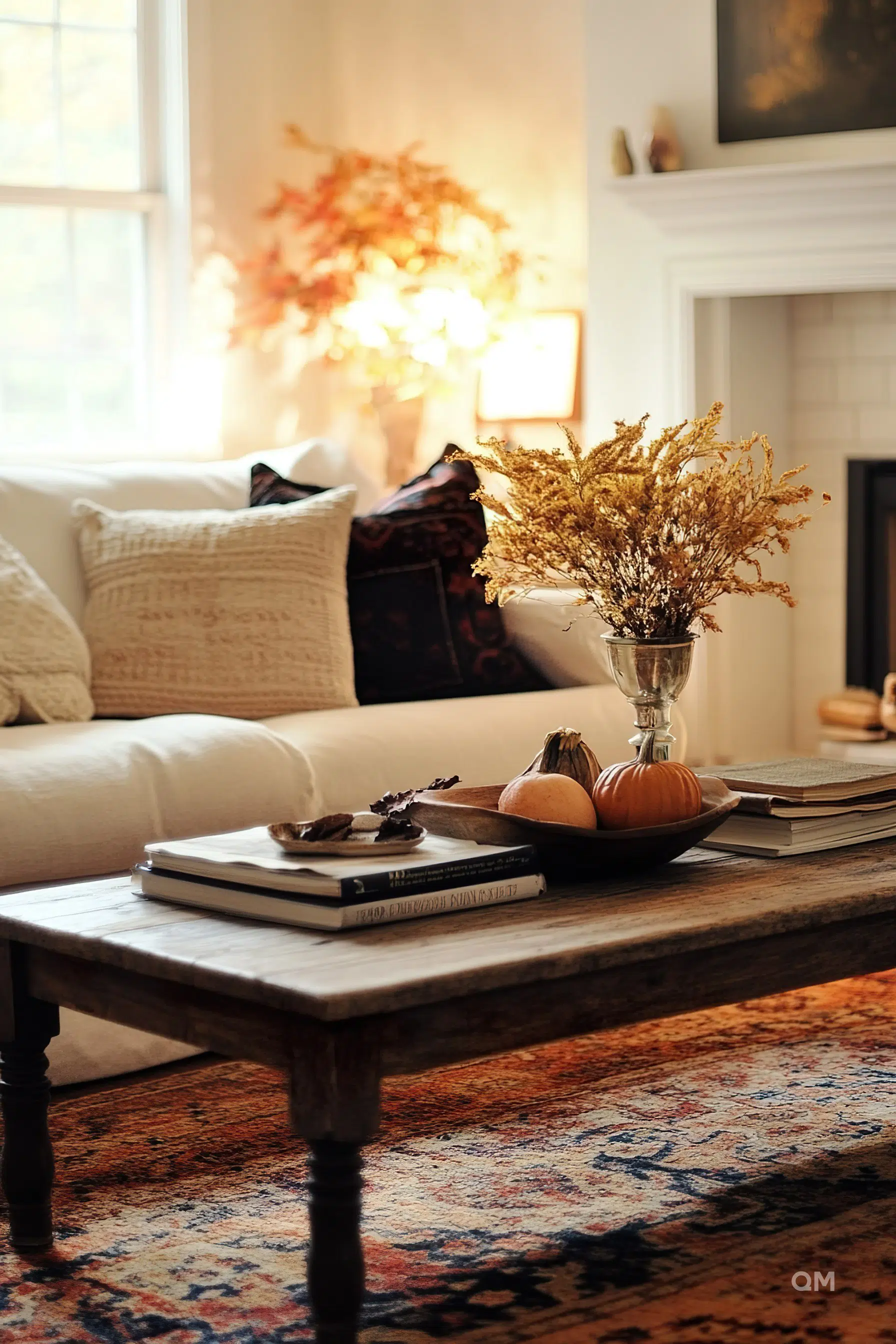 Cozy autumn living room with warm lighting, a white couch, a wooden coffee table with books, decorative pumpkins, and dried flowers.