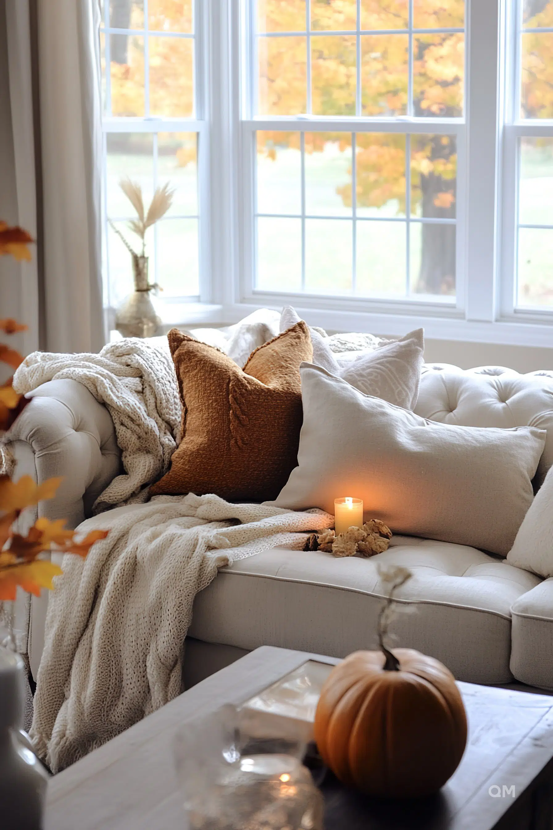 Cozy autumn living room with a lit candle on the sofa, knit blanket, orange pillows, and a pumpkin on the table.
