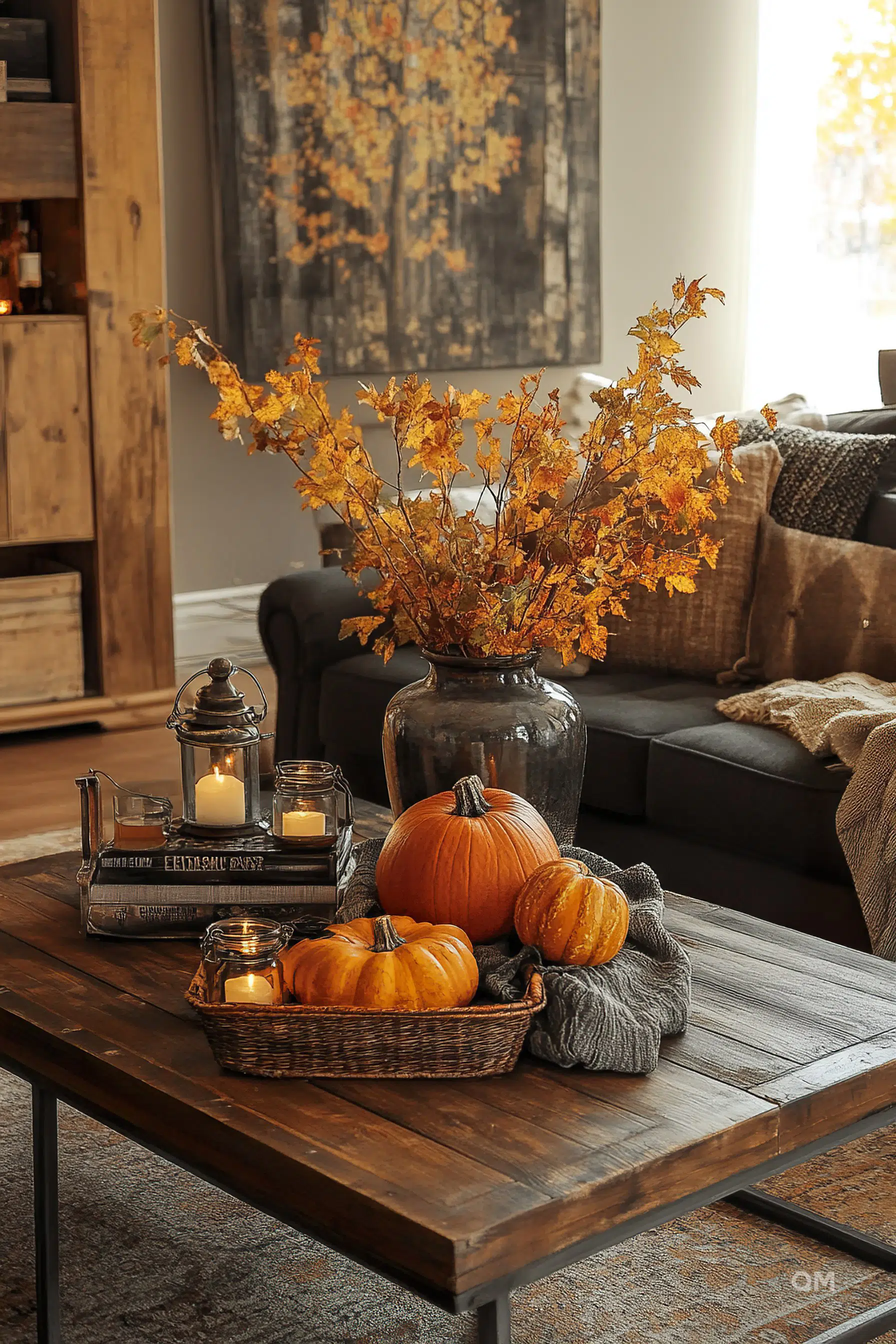 Cozy autumn-themed living room with pumpkins, candles, and a vase of fall leaves on a wooden table, warm lighting, and a comfortable sofa.