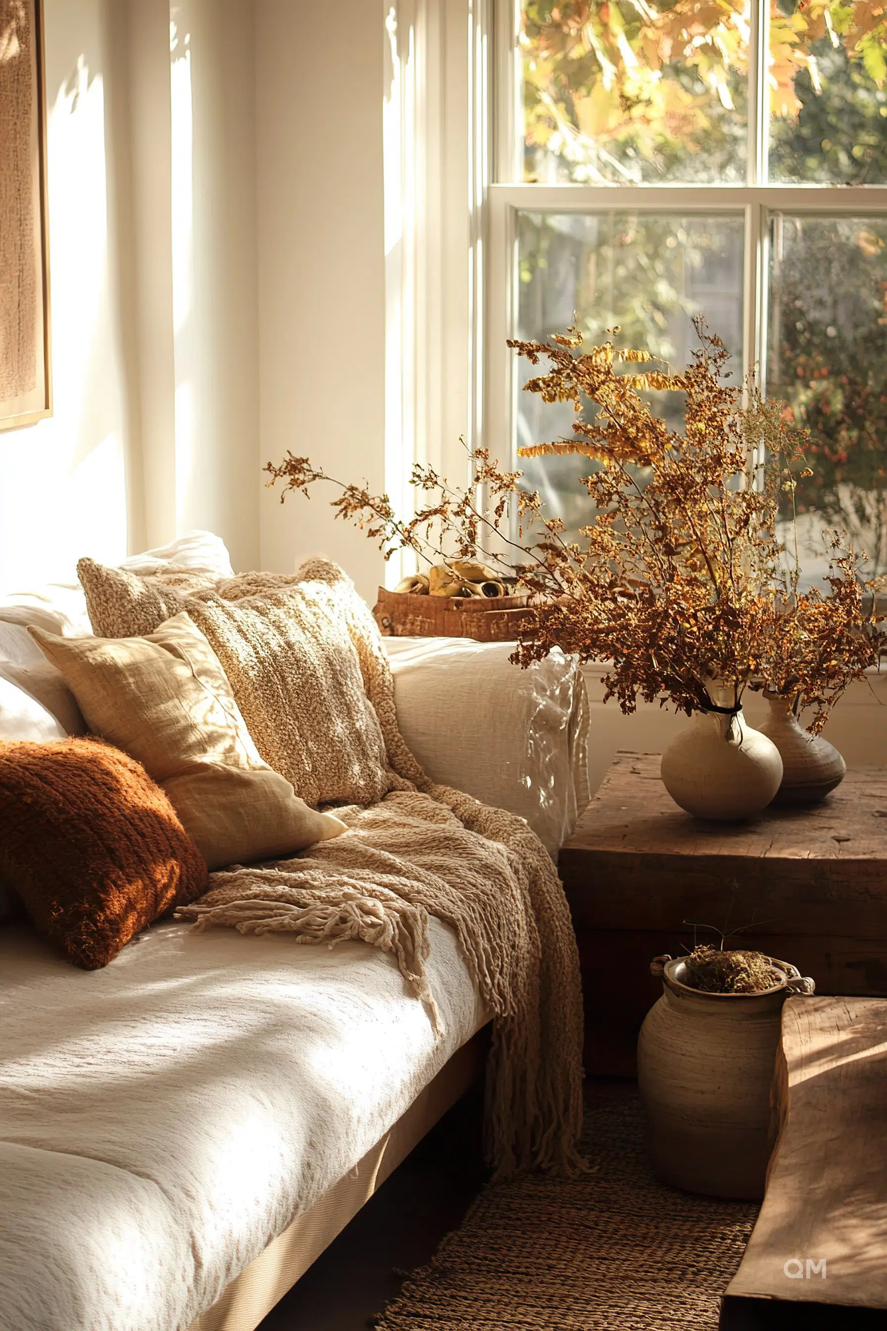 Cozy corner with a daybed adorned with cushions and a throw, dried plants in vases, bathed in warm sunlight beside a window.