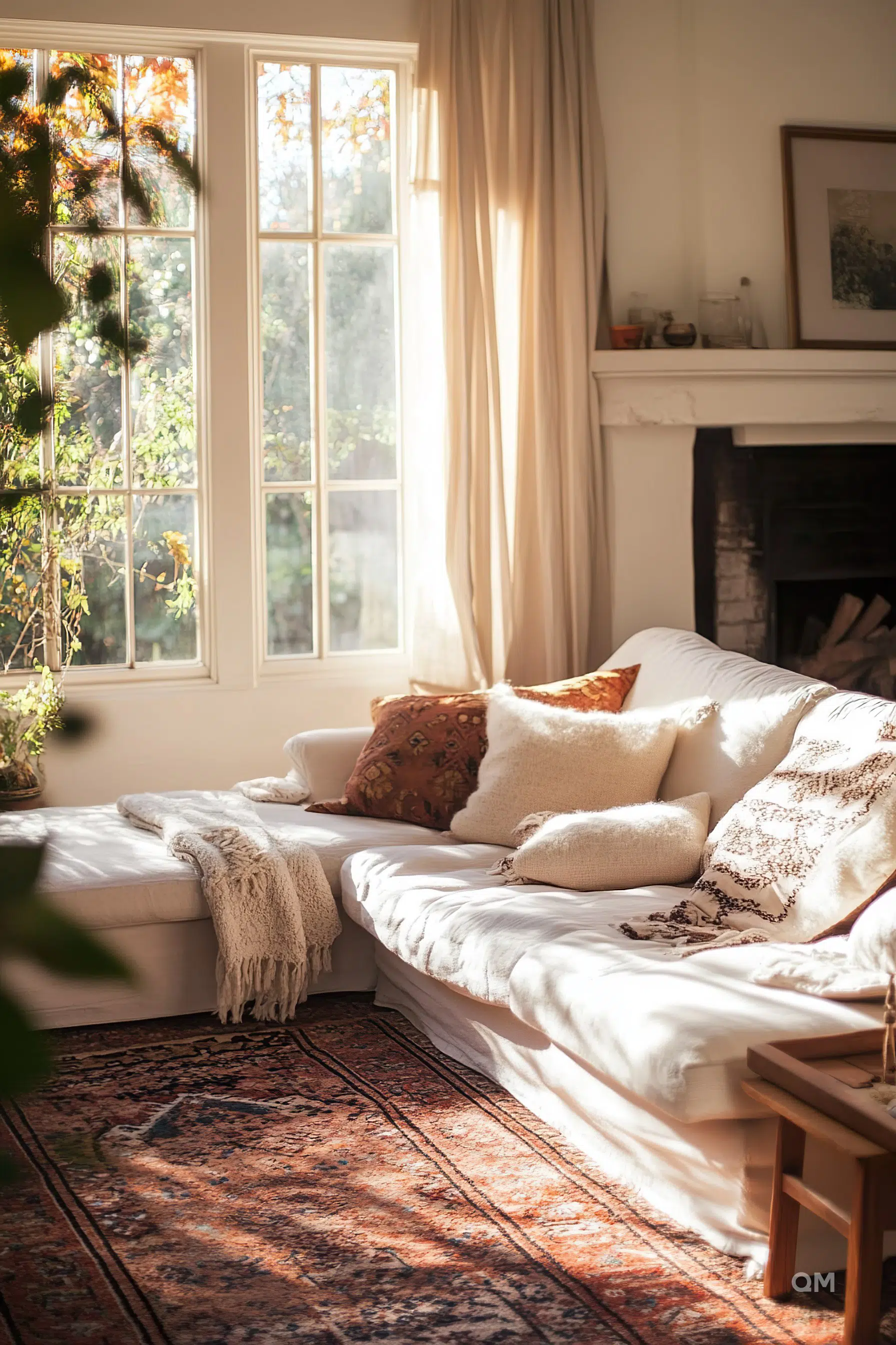Cozy sunlit living room with a comfortable window seat, patterned pillows, a throw blanket, and a warm rug. Fireplace and plants visible.