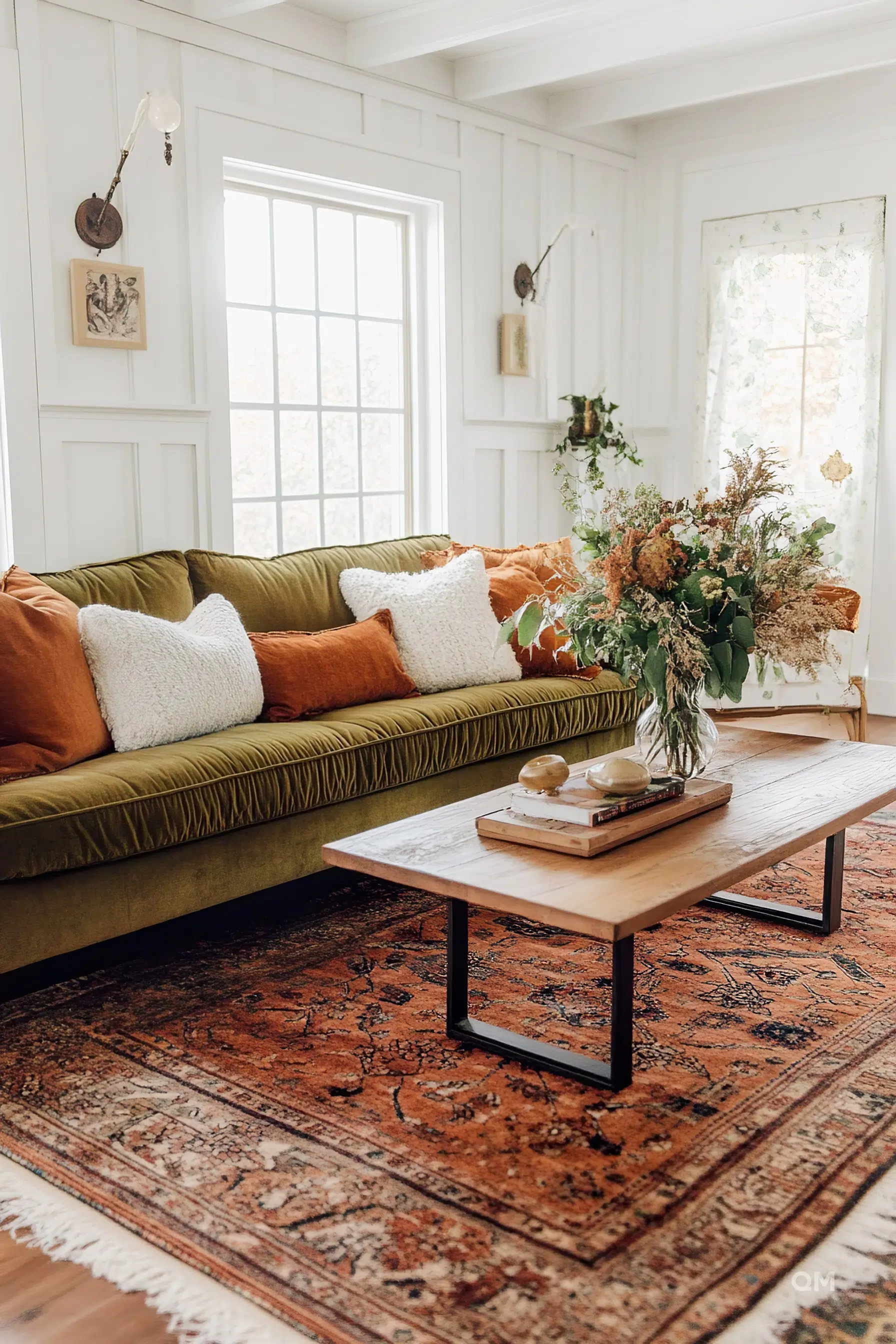 Cozy living room with a green velvet sofa, white cushions, a wooden coffee table, and a traditional red rug.