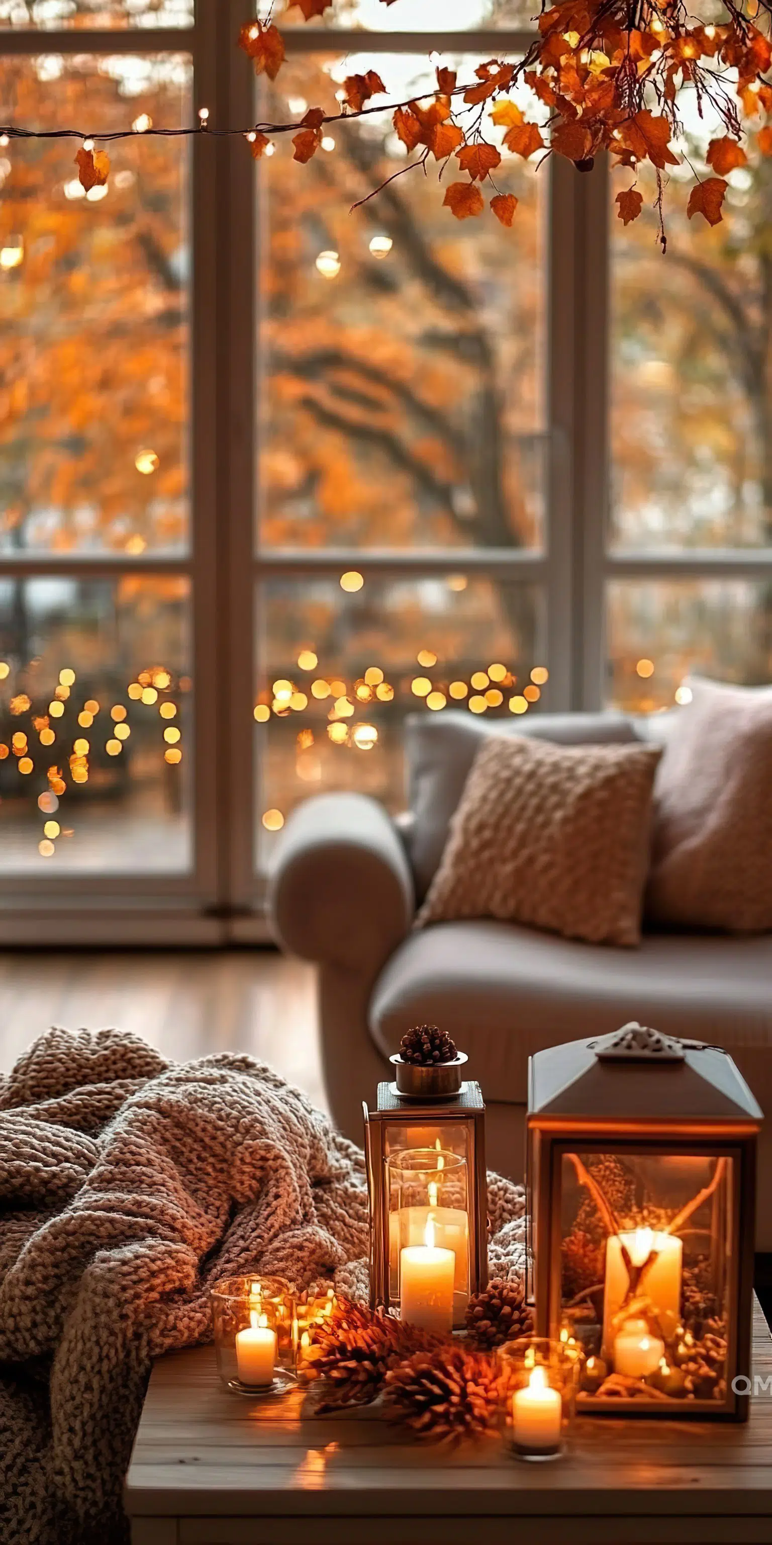 Cozy autumn interior with warm knitted blanket, candles, lanterns, pinecones, and window view of fall trees with bokeh lights.