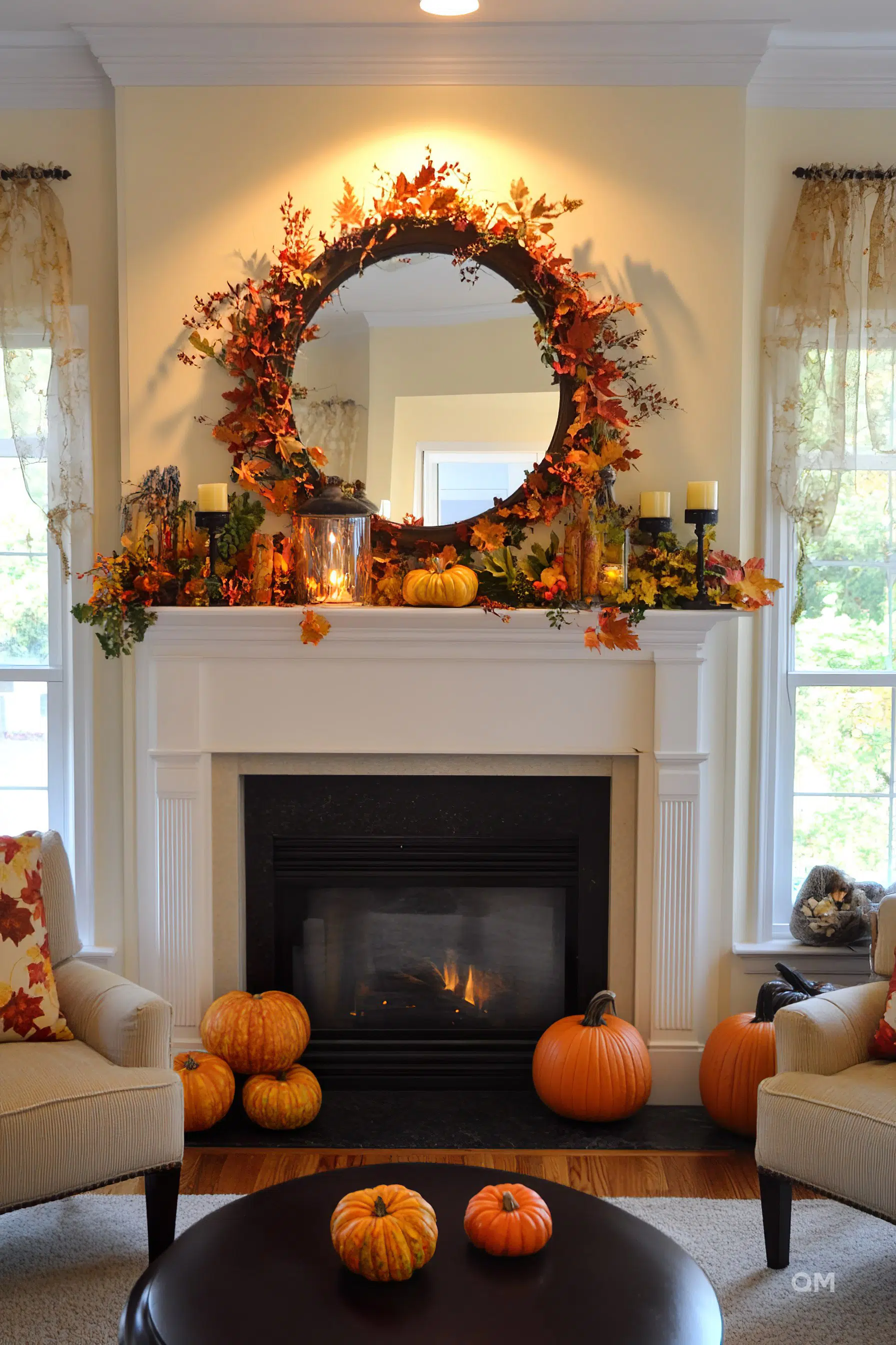 A cozy living room decorated for fall with a fireplace, surrounded by pumpkins, a leafy wreath above, and candles on the mantel.