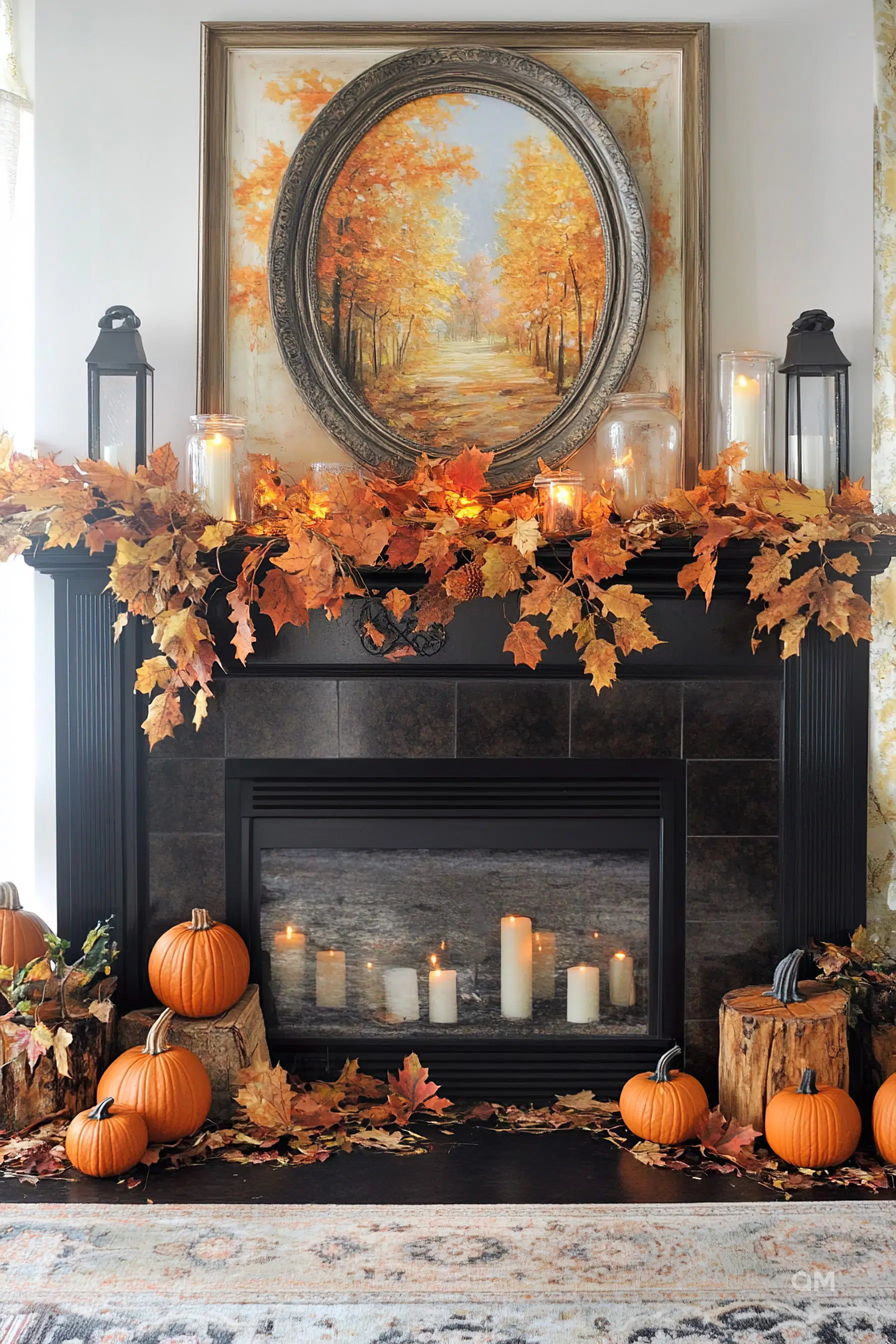 A cozy autumn-themed fireplace with lit candles, pumpkins, and fall leaves decoration, under a framed painting of a fall landscape.