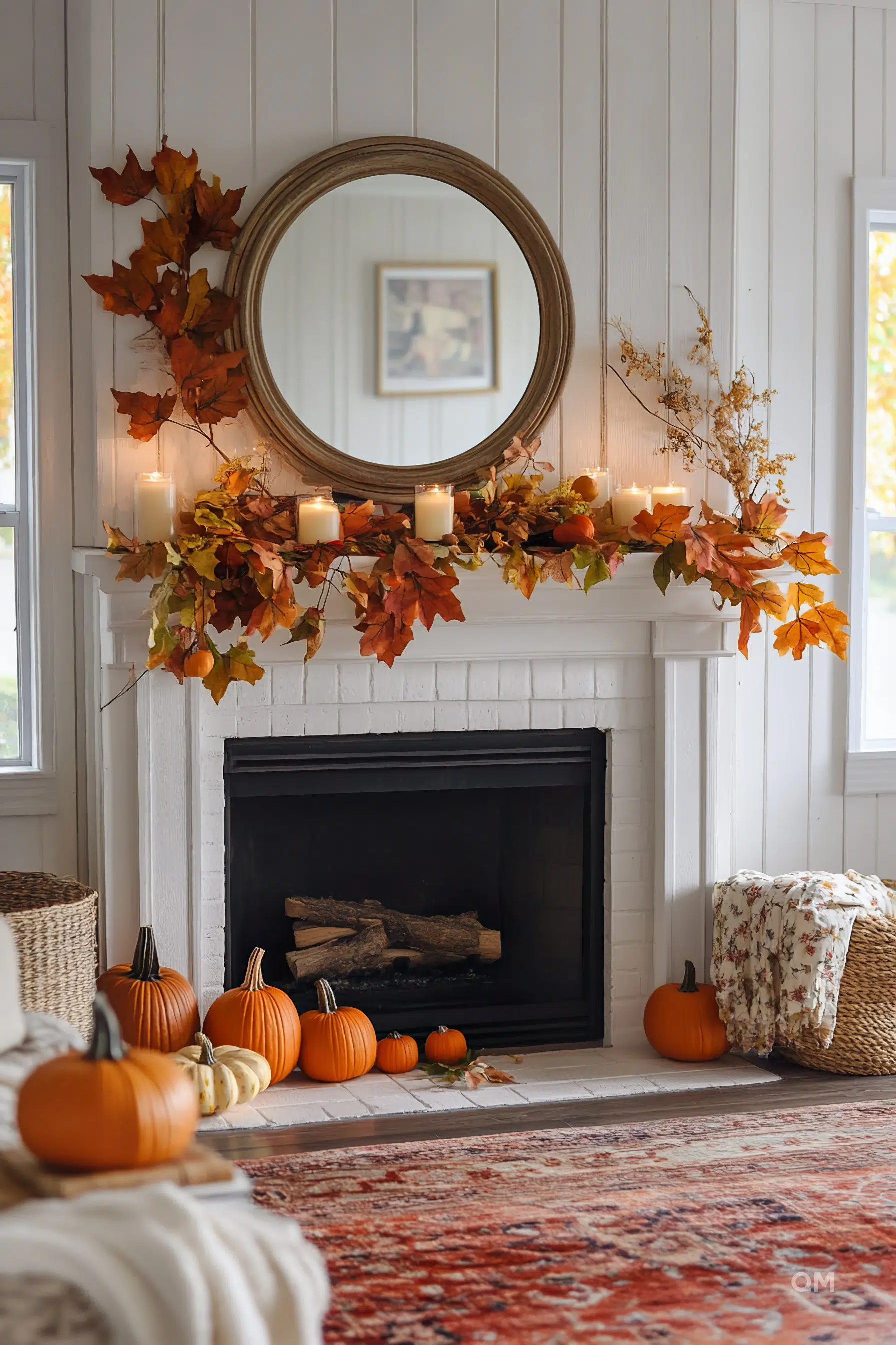 Cozy autumn-themed living room with a fireplace adorned with fall leaves, lit candles on the mantel, a round mirror, and pumpkins.