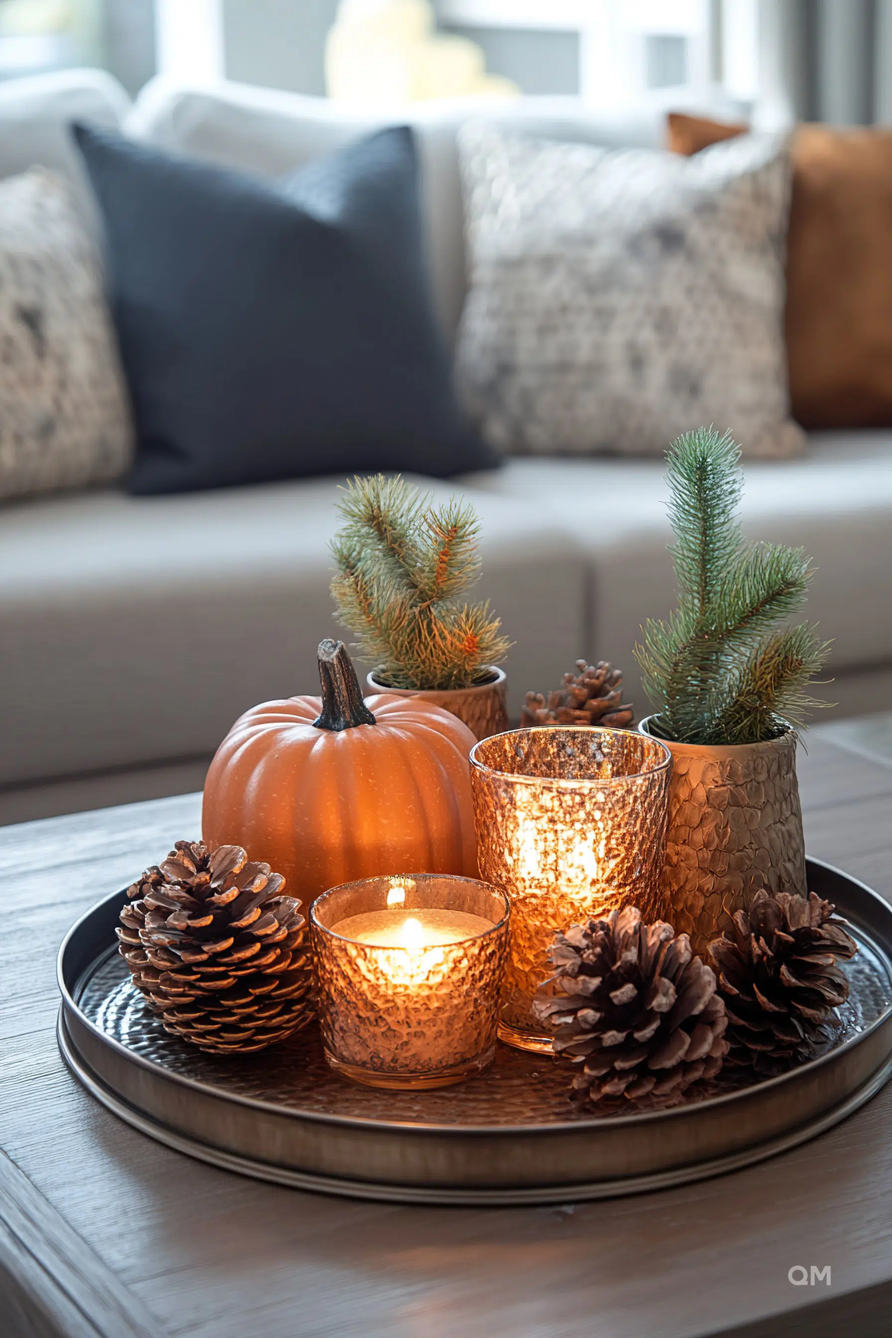 A cozy autumnal centerpiece with a pumpkin, lit candles in copper holders, pine cones, and small evergreens on a tray, with a sofa in the background.
