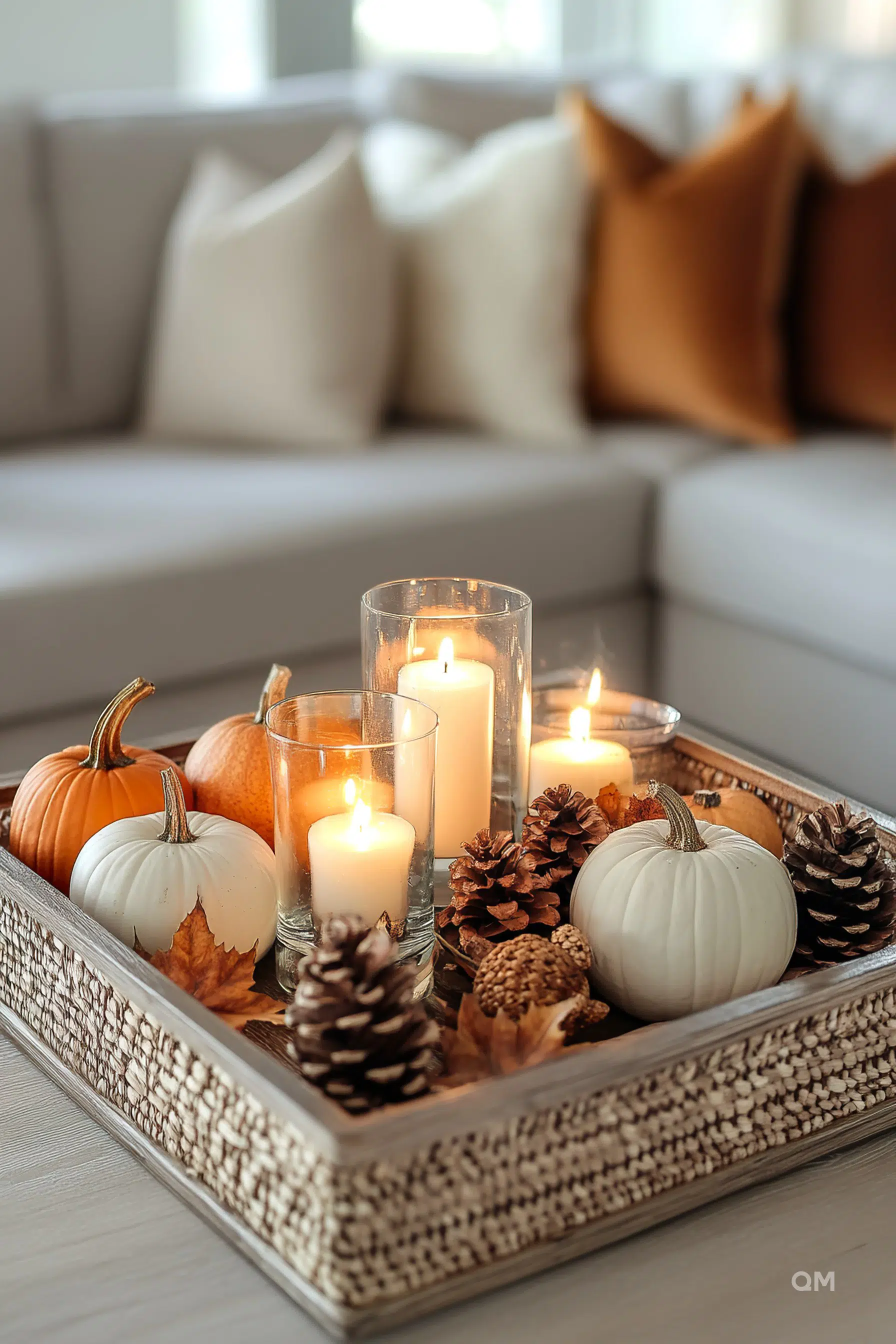 A cozy autumnal centerpiece with lit candles, pumpkins, pine cones, and leaves on a tray, with a soft-focus couch in the background.