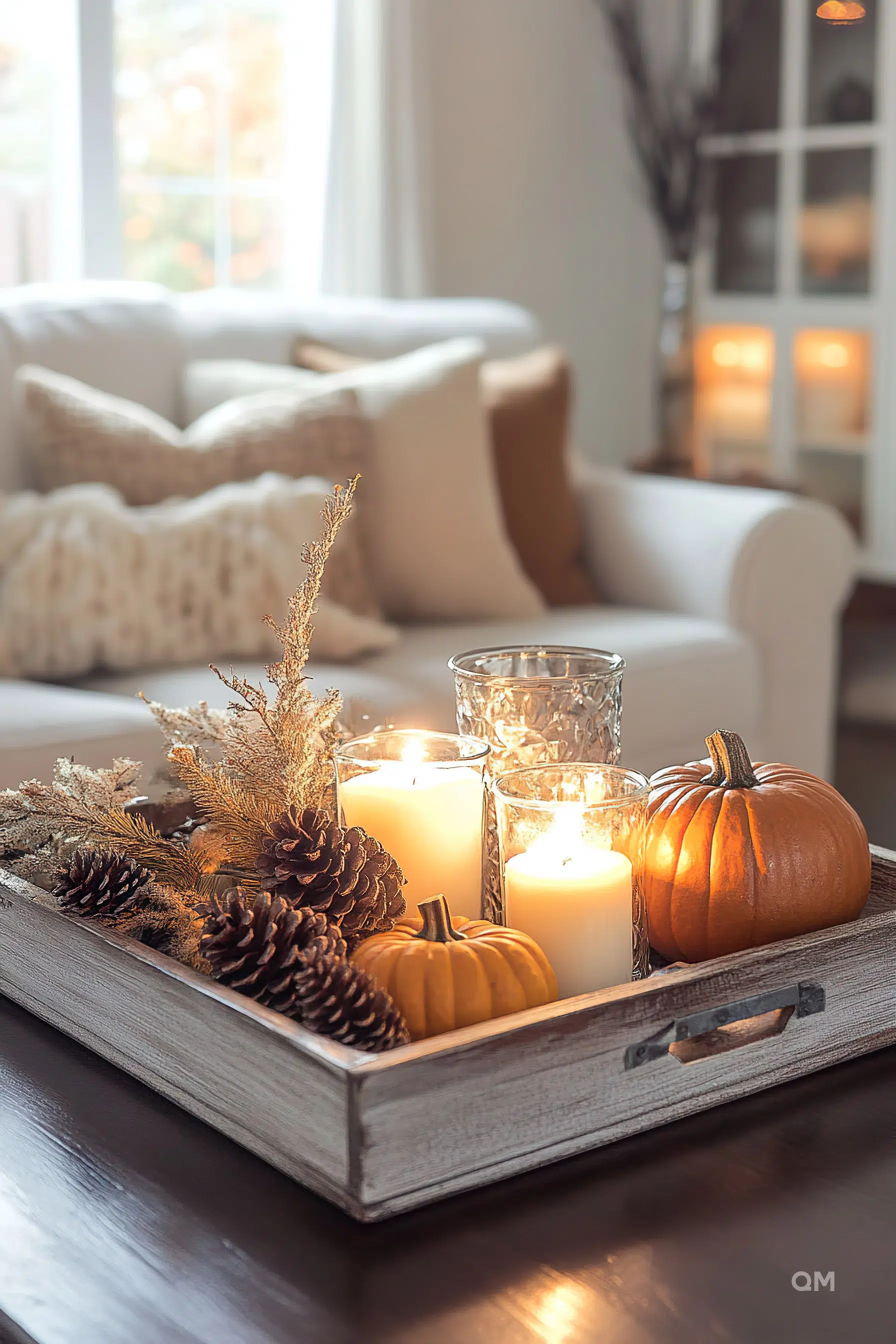 A cozy autumn centerpiece with lit candles, pine cones, and pumpkins in a wooden tray on a table, with a blurred sofa and window in the background.