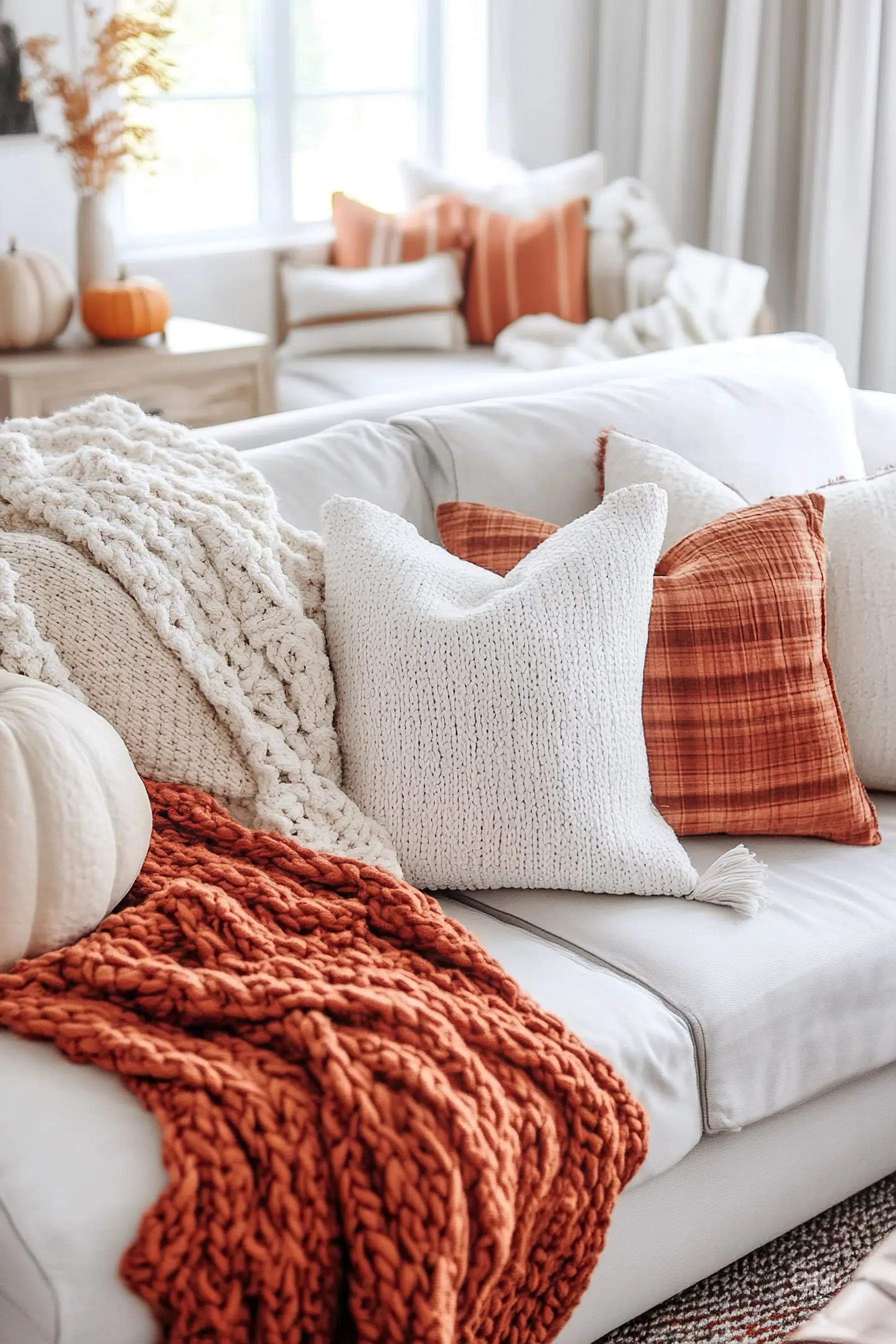A cozy living room corner with a white sofa adorned with knit blankets and plaid pillows in autumnal colors, pumpkins in the background.