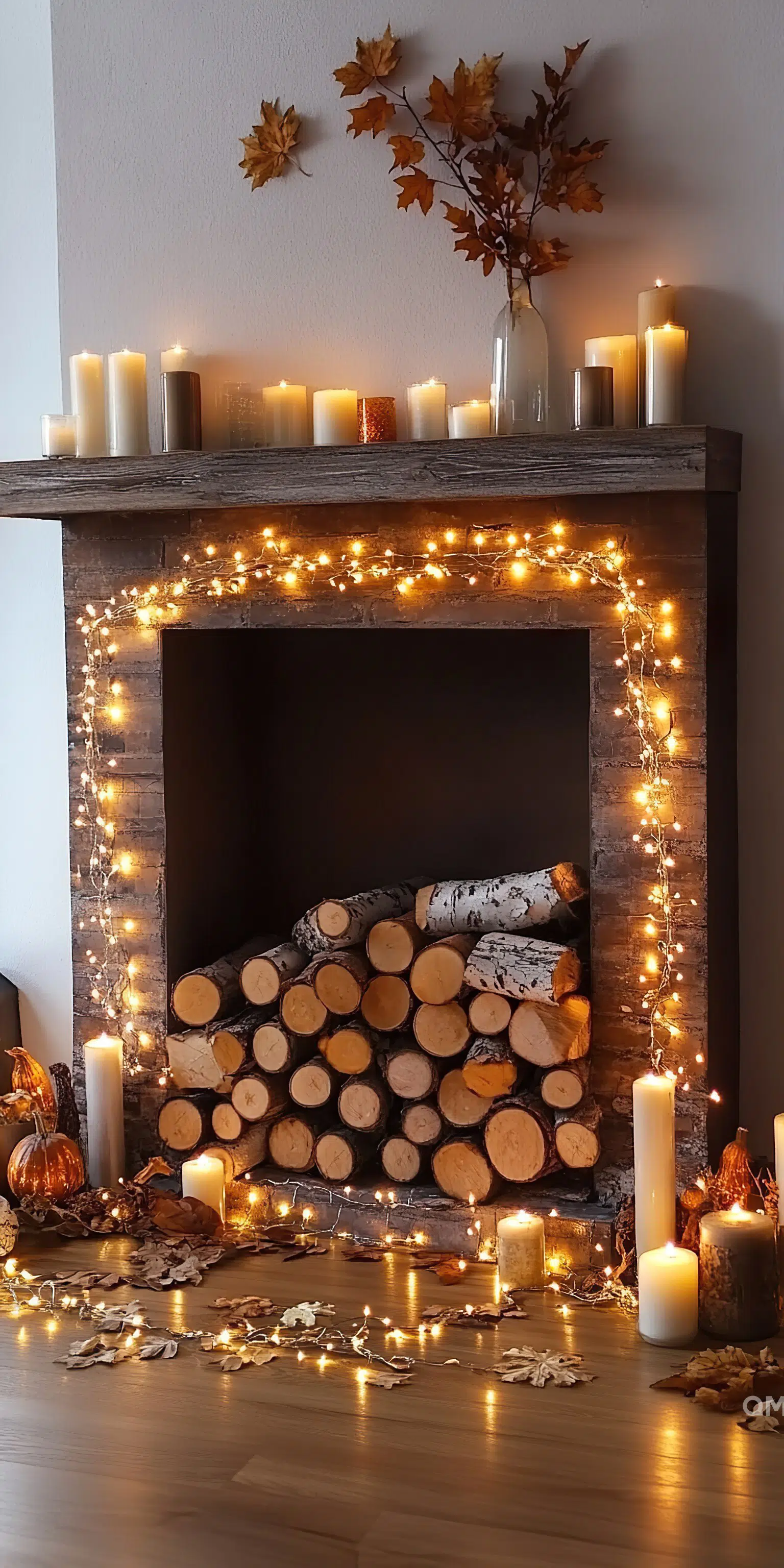 A cozy autumn-themed fireplace adorned with string lights, candles of various sizes, firewood, and scattered leaves.