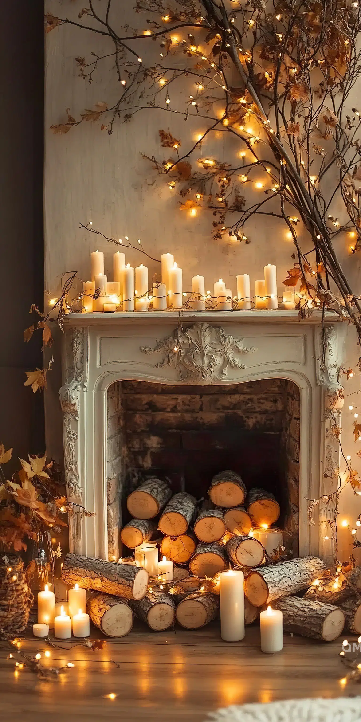 Cozy autumnal scene with multiple lit candles on a mantelpiece and scattered around a fireplace filled with logs, accompanied by fairy lights and leaves.