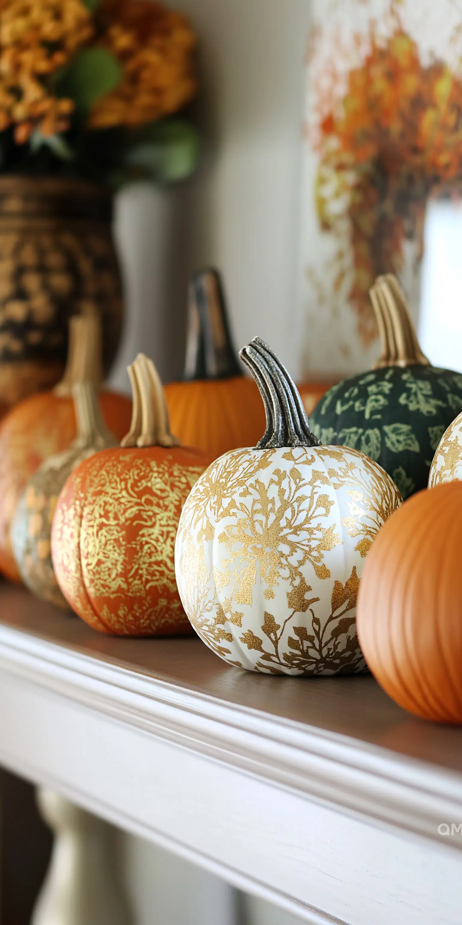 A row of decorative pumpkins with intricate patterns displayed on a shelf, capturing the essence of fall decor.