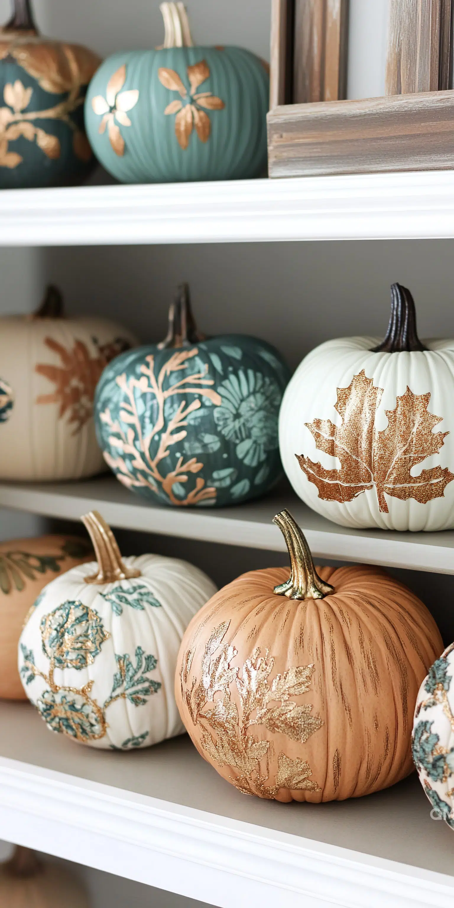 Decorative pumpkins with metallic leaf patterns displayed on shelves, showcasing autumn-inspired home decor.