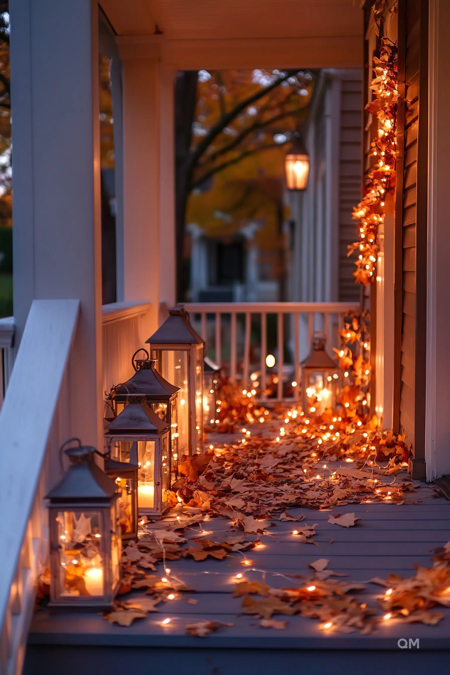 Cozy porch adorned with glowing lanterns and string lights among scattered autumn leaves at dusk.