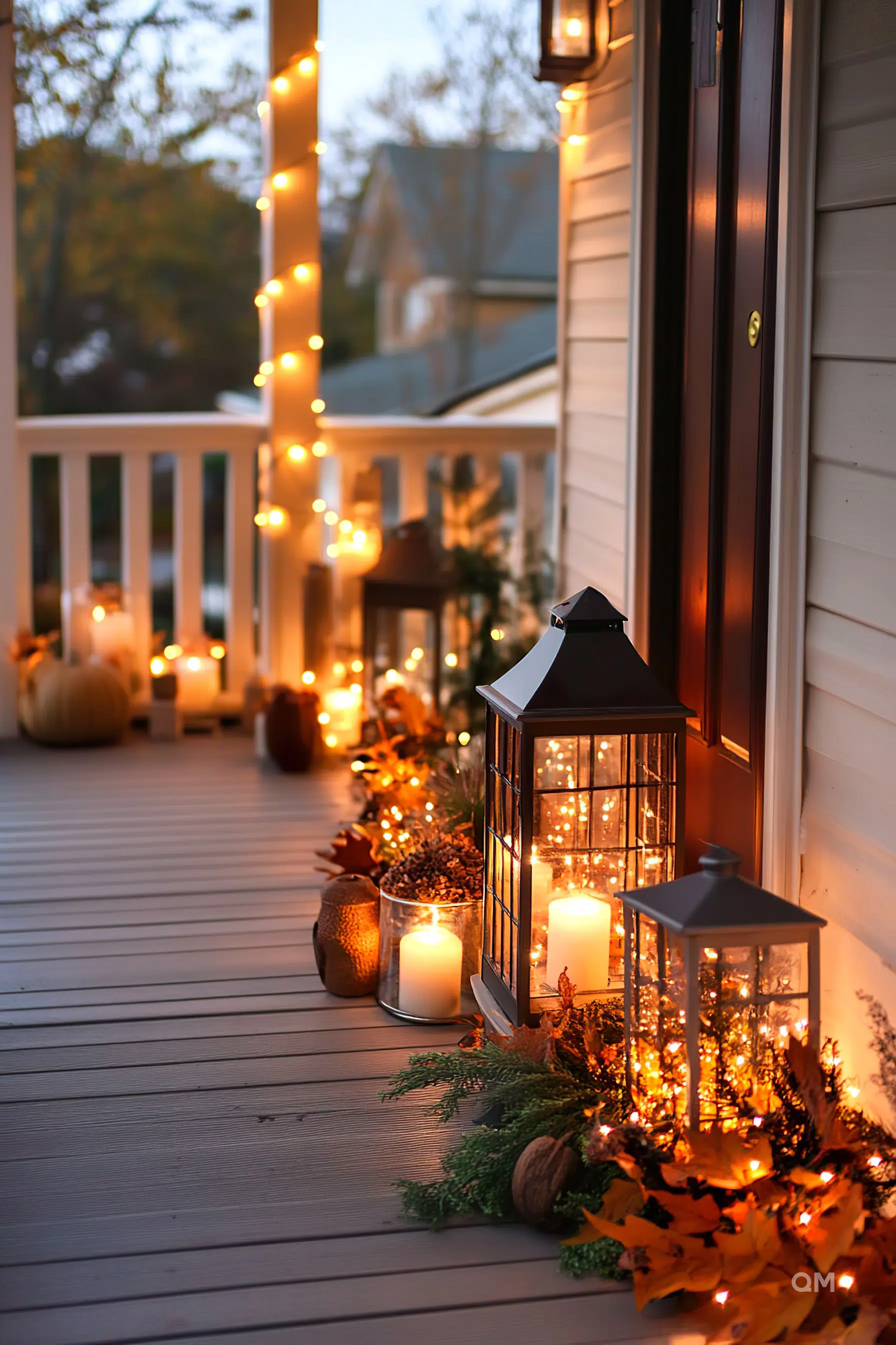 A cozy porch decorated with string lights, candles, lanterns, and autumn leaves during dusk.