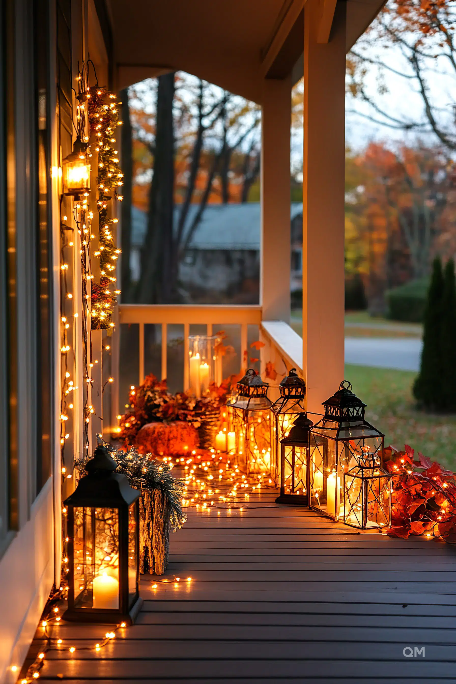 A cozy porch decorated with twinkling lights, candles in lanterns, and autumn leaves during the evening.