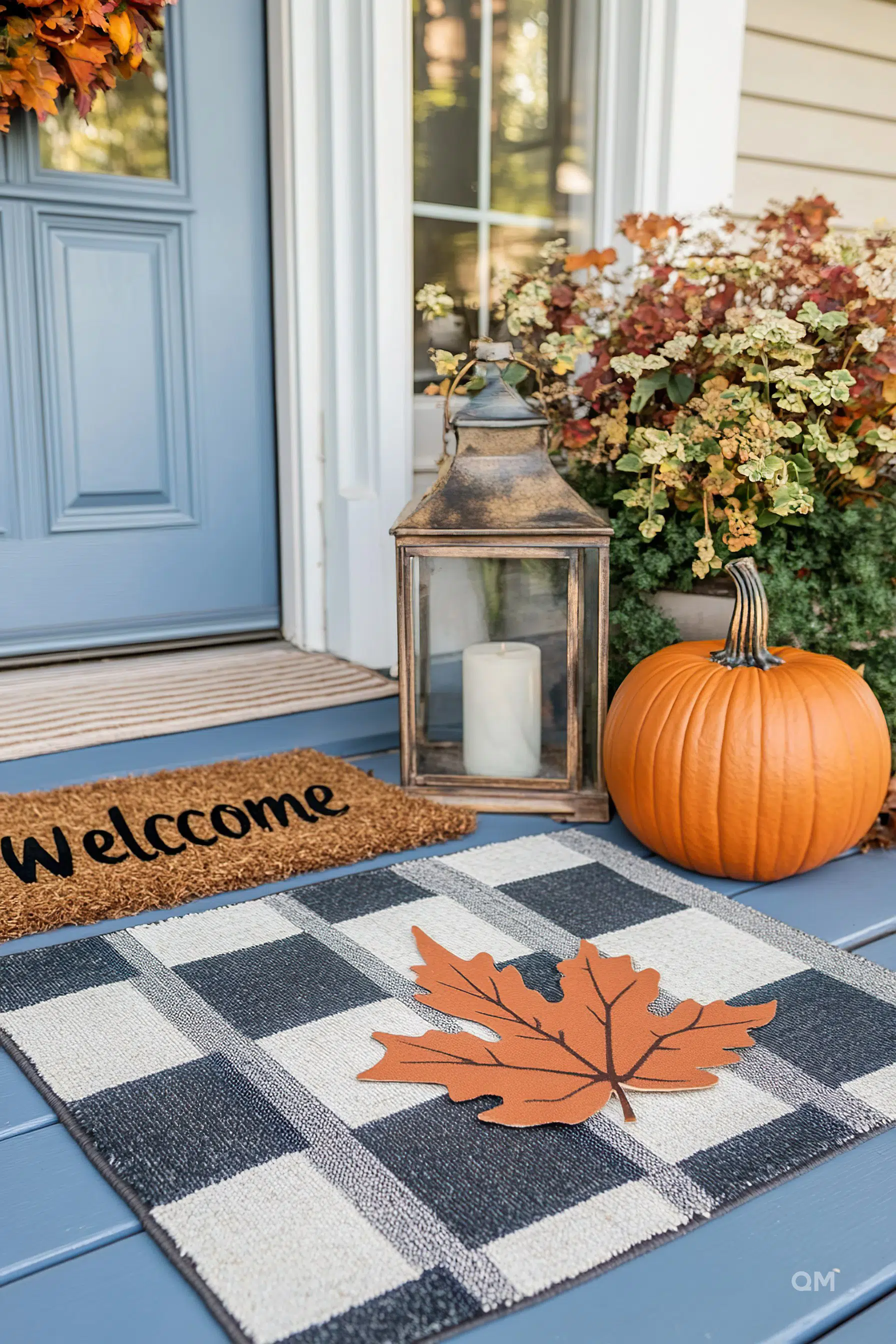 A welcoming front porch with a blue door, a 'Welcome' doormat, a plaid rug with a leaf motif, a lantern, and a pumpkin.