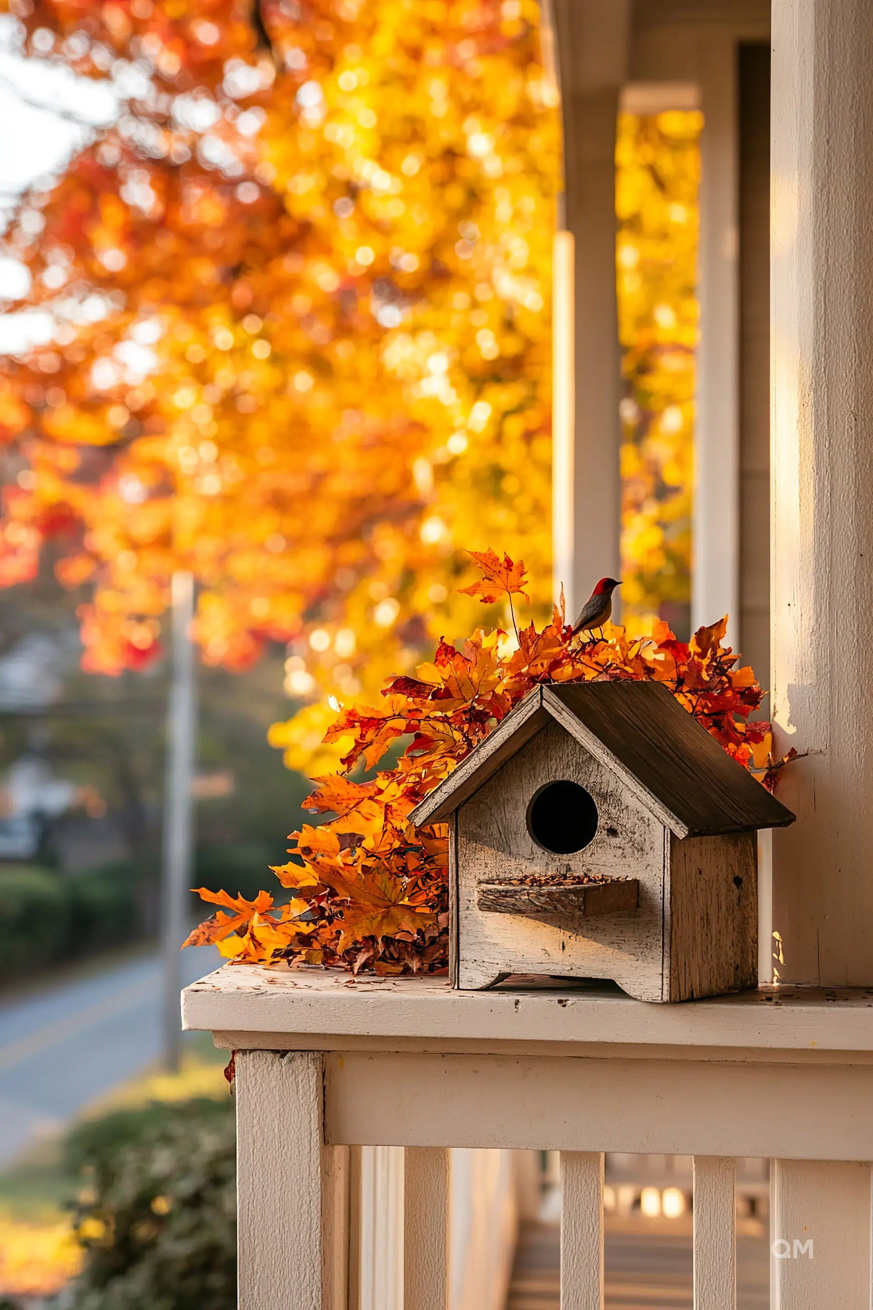 Birdhouse adorned with autumn leaves on a porch railing, with a bird perched on top and a vibrant backdrop of fall foliage.