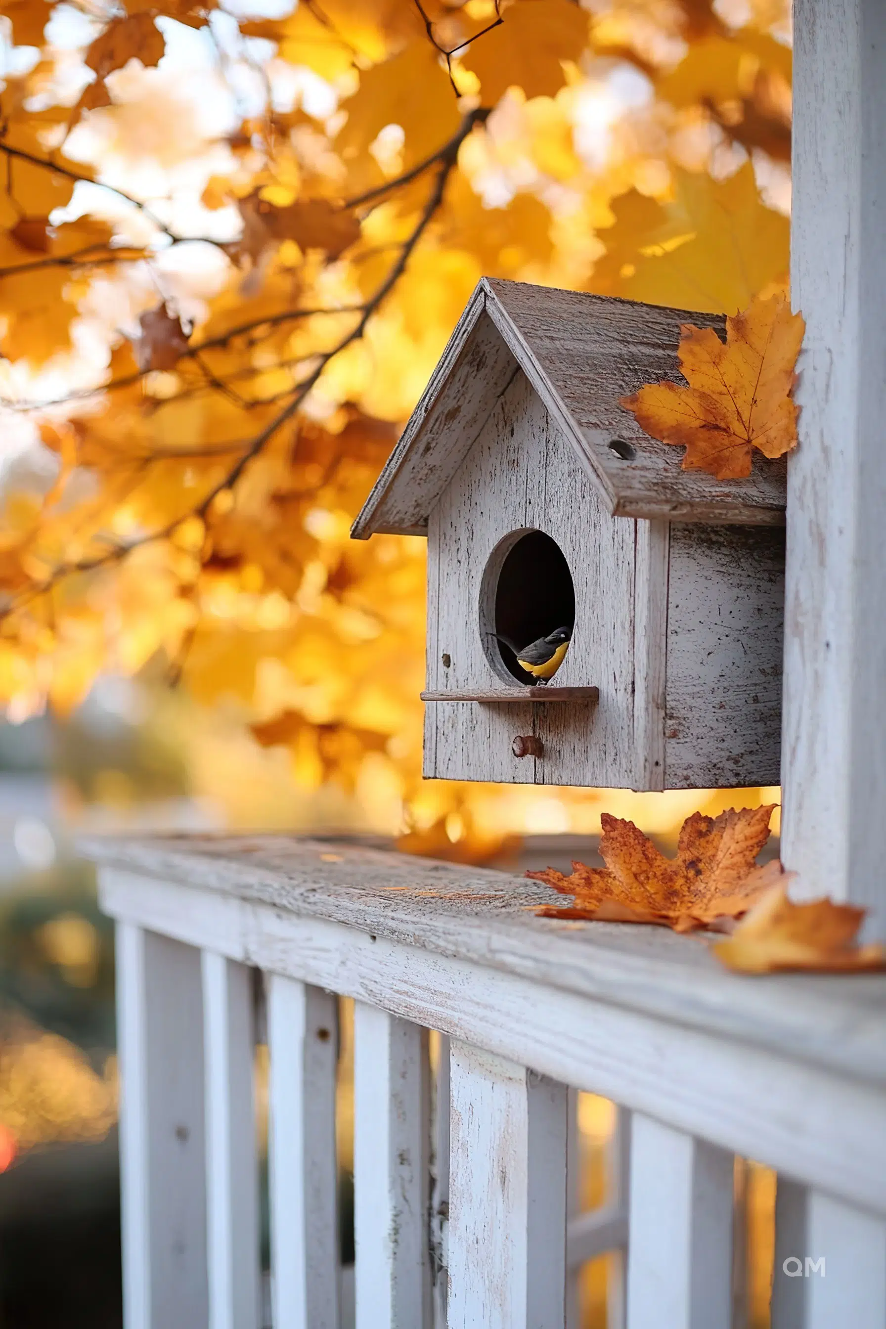 A rustic birdhouse on a white fence with a small bird peeking out, surrounded by vibrant autumn leaves.