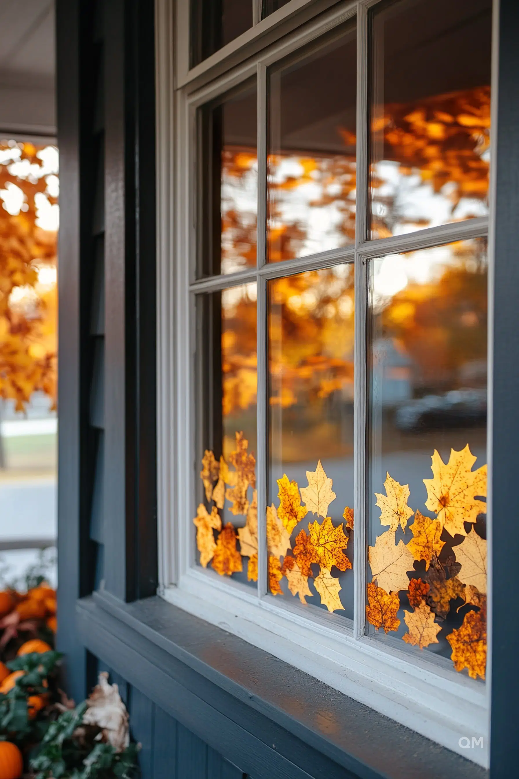 A window adorned with maple leaf decals in autumnal colors, set against a backdrop of vibrant fall foliage outside.