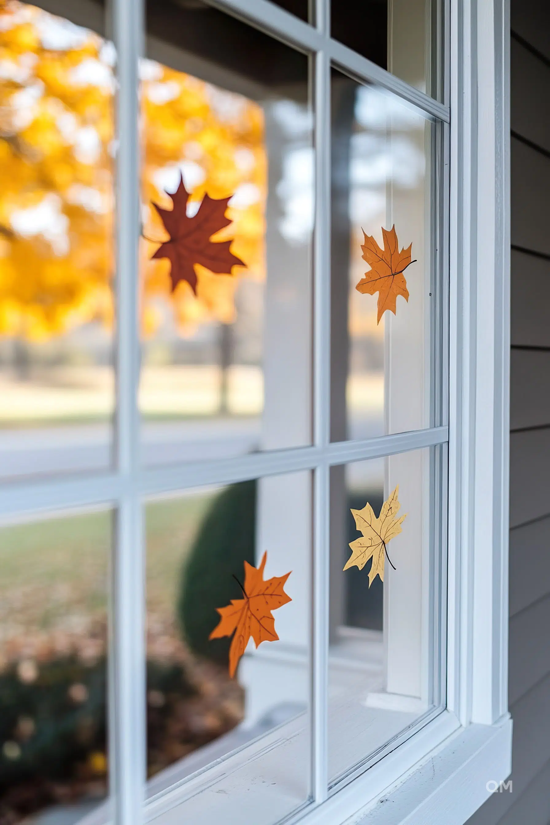 ALT Text: "Autumn leaves stickers on a windowpane with a blurred background showcasing trees with fall foliage."