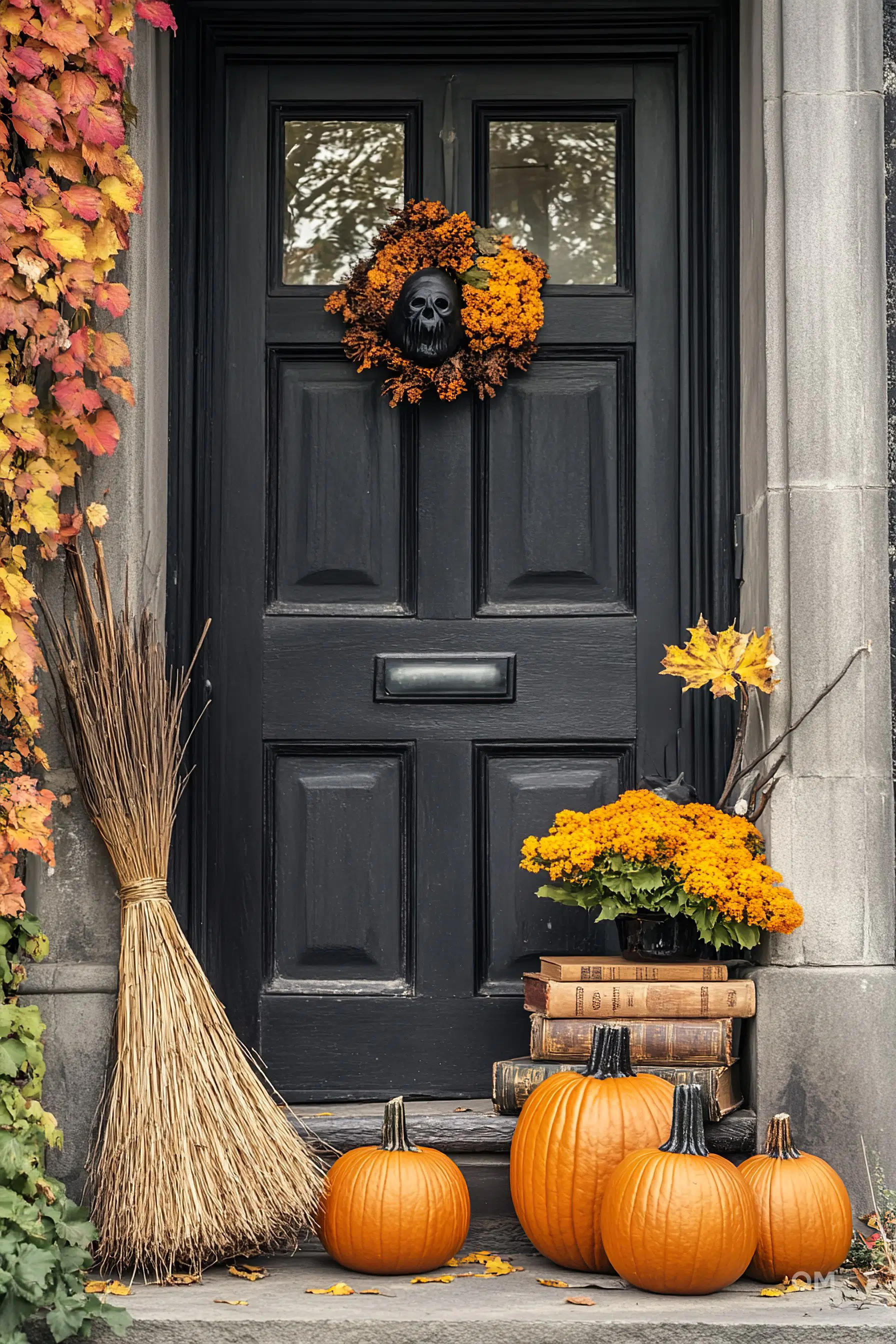 A doorstep decorated for autumn with a black door adorned by a wreath with a skull, surrounded by pumpkins, a broom, and yellow flowers.
