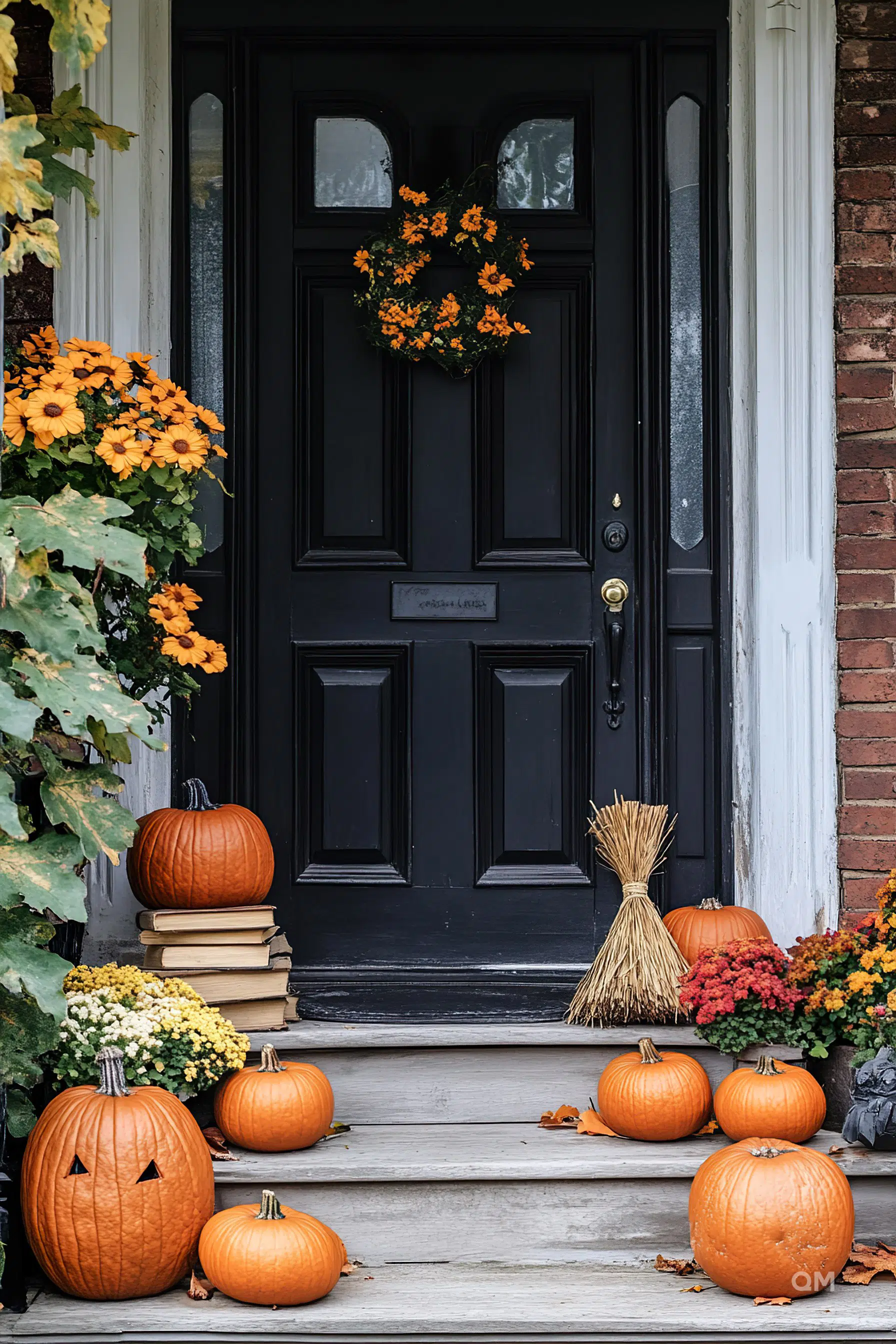 Front door with autumn decorations, featuring pumpkins on steps, a wreath of orange flowers, and a straw broom to the side.