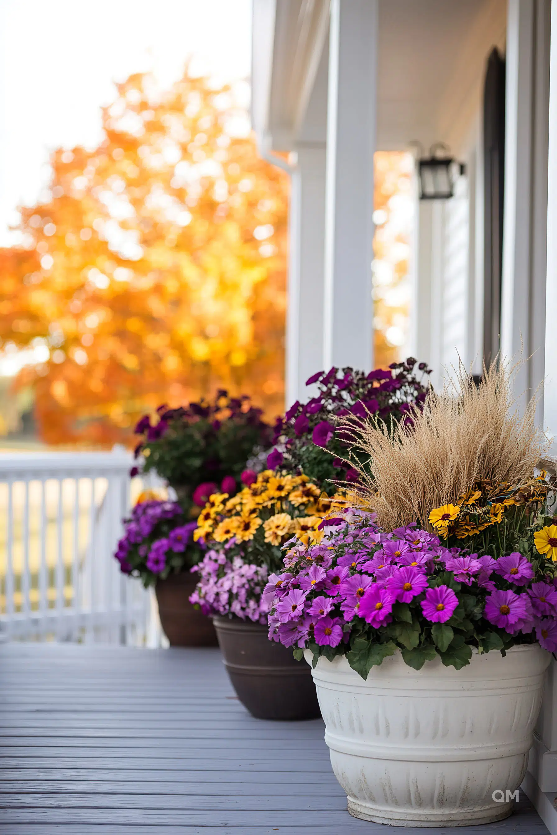 Colorful potted flowers on a porch with autumn trees blurred in the background.