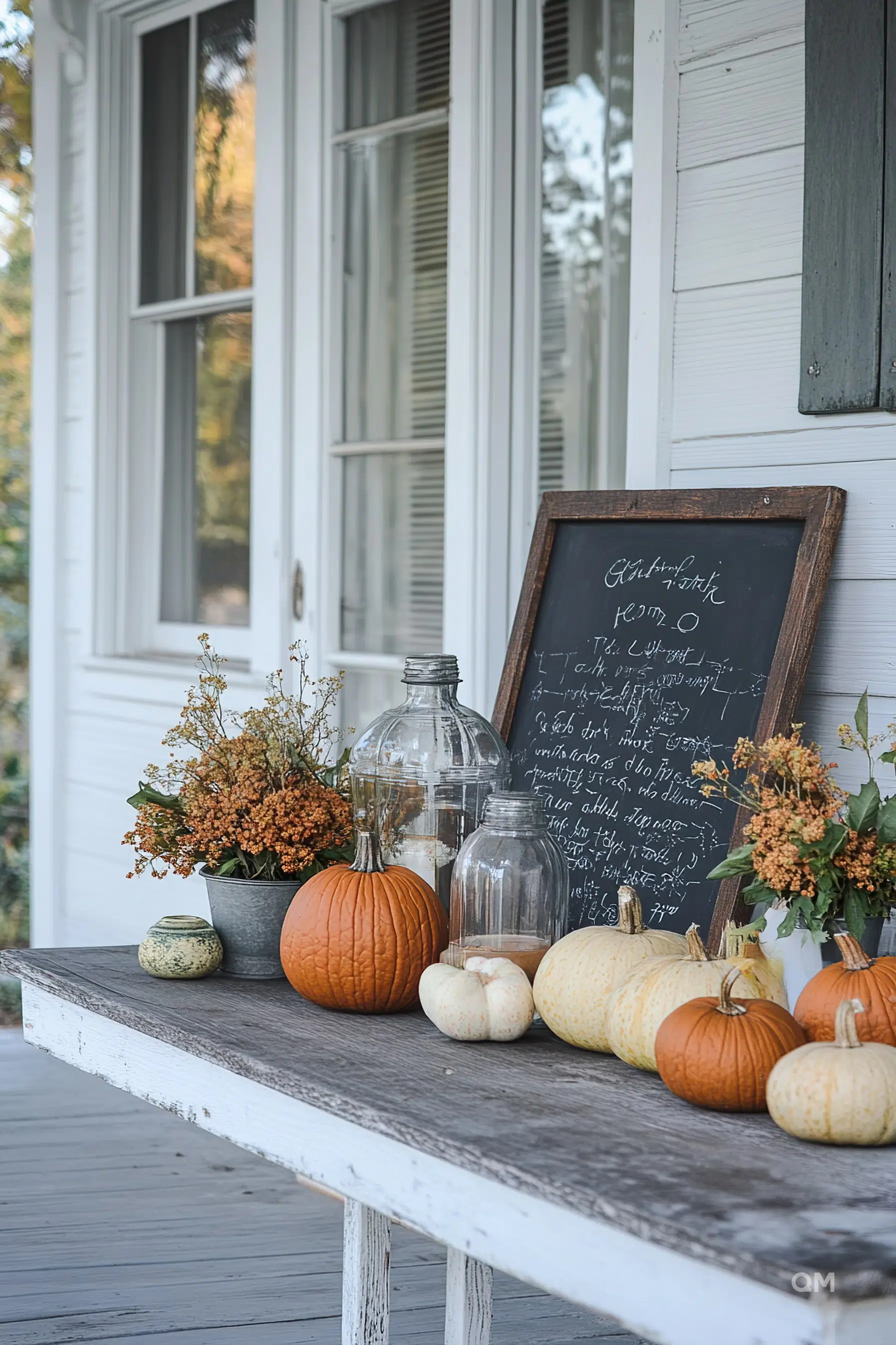 A quaint porch display with pumpkins, dried flowers, glass jars, and a chalkboard with cursive handwriting, evoking a cozy autumn vibe.
