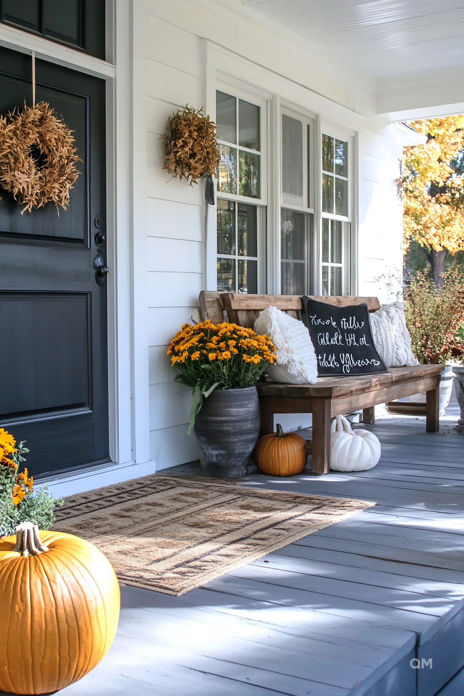 Cozy porch with autumn decorations, featuring pumpkins, marigolds, and a bench with a chalkboard sign, nestled against a white home with a black door.