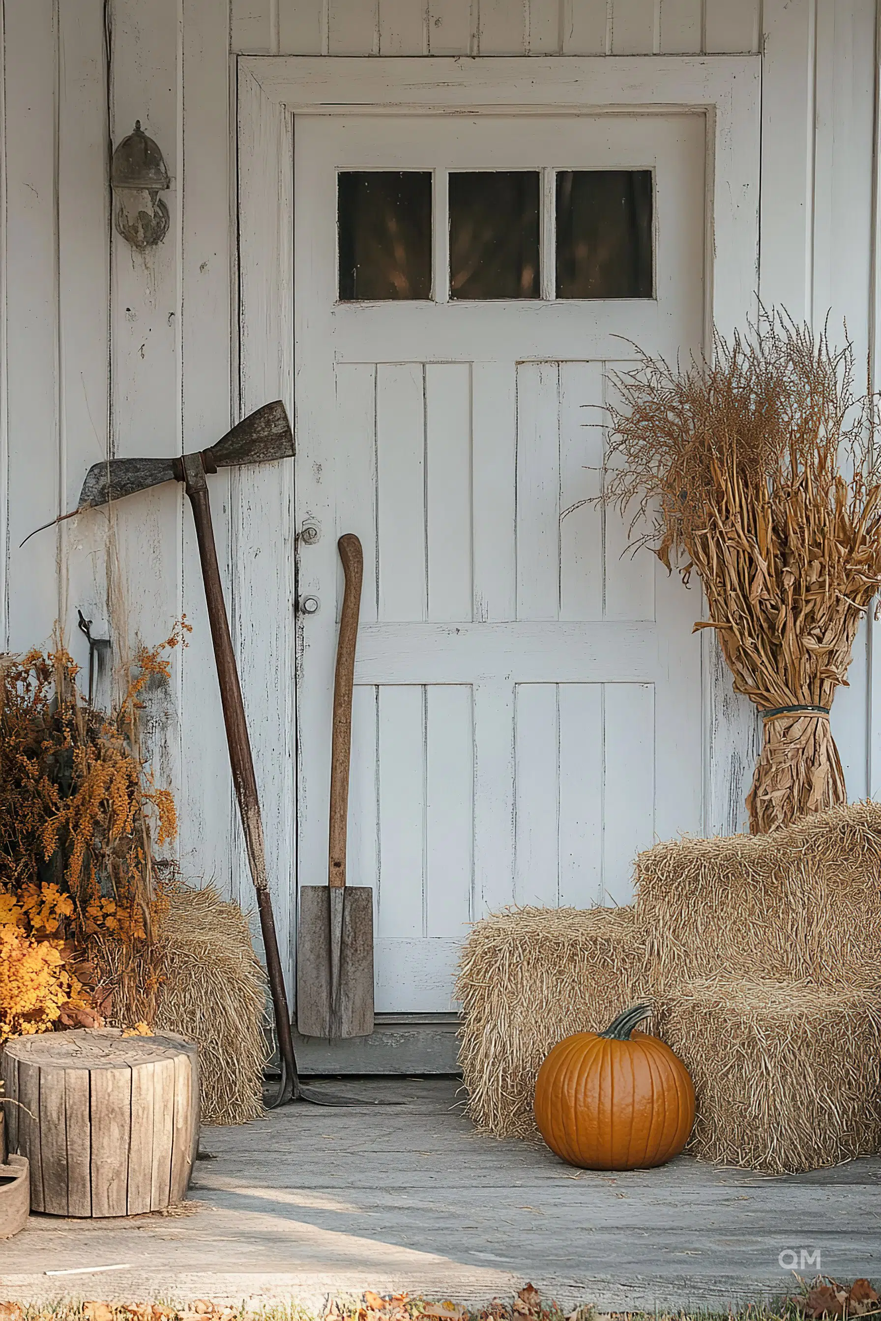 Rustic front porch with a white door, haystacks, a shovel, an axe, a pumpkin, and dried plants evoking autumn vibes.