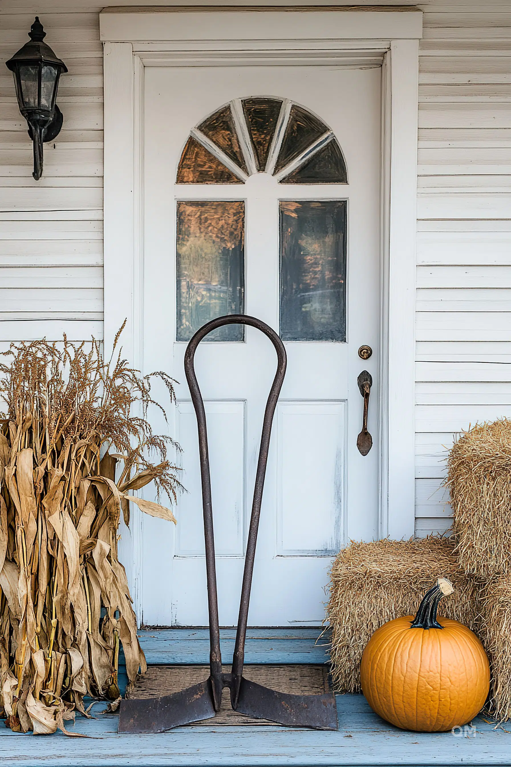 "White front door with a half-circle window, flanked by autumn decorations including corn stalks, hay bale, a large pumpkin, and an old coal shovel."