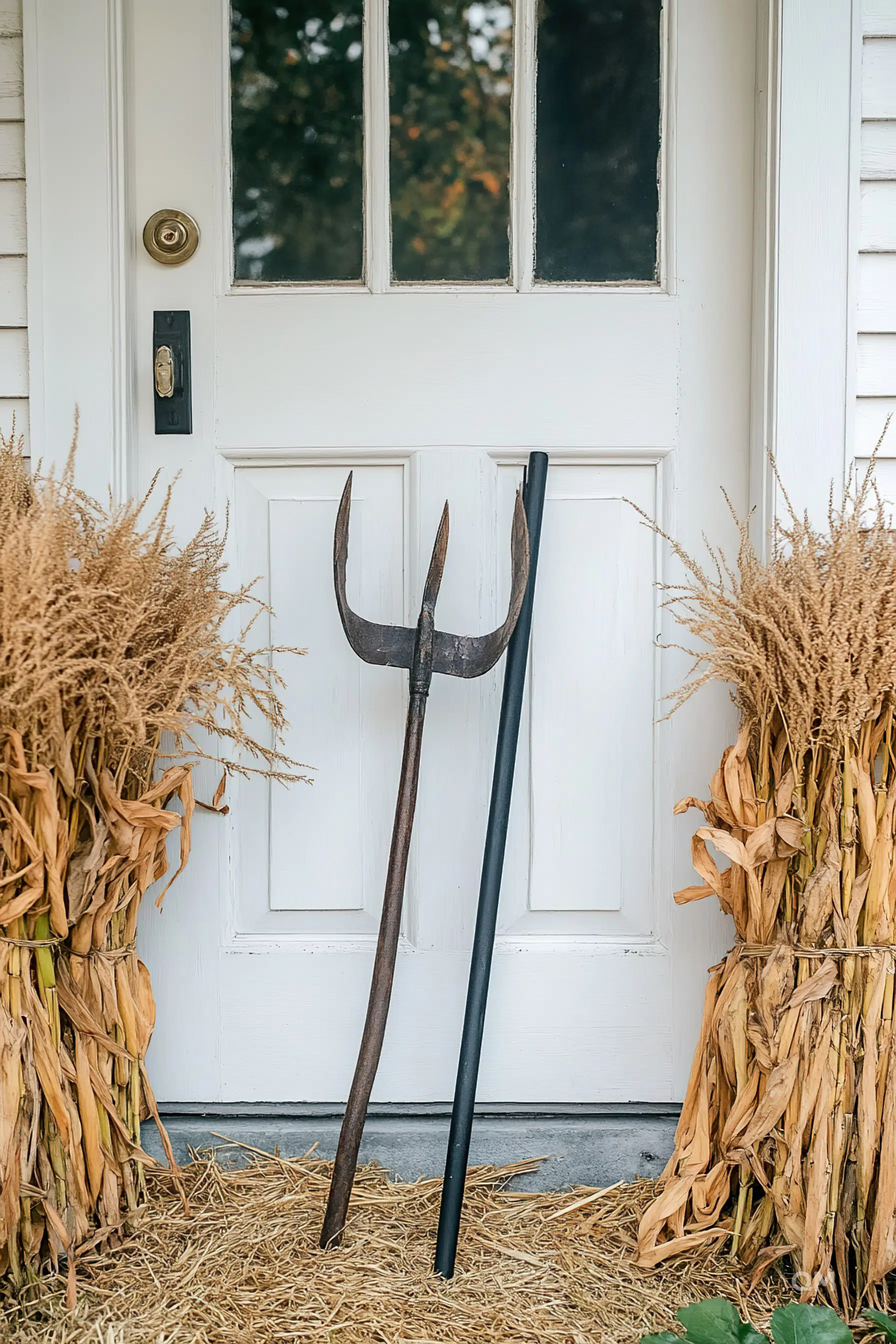 "A pitchfork leaning against a white front door, flanked by bundles of dried cornstalks on a bed of straw."