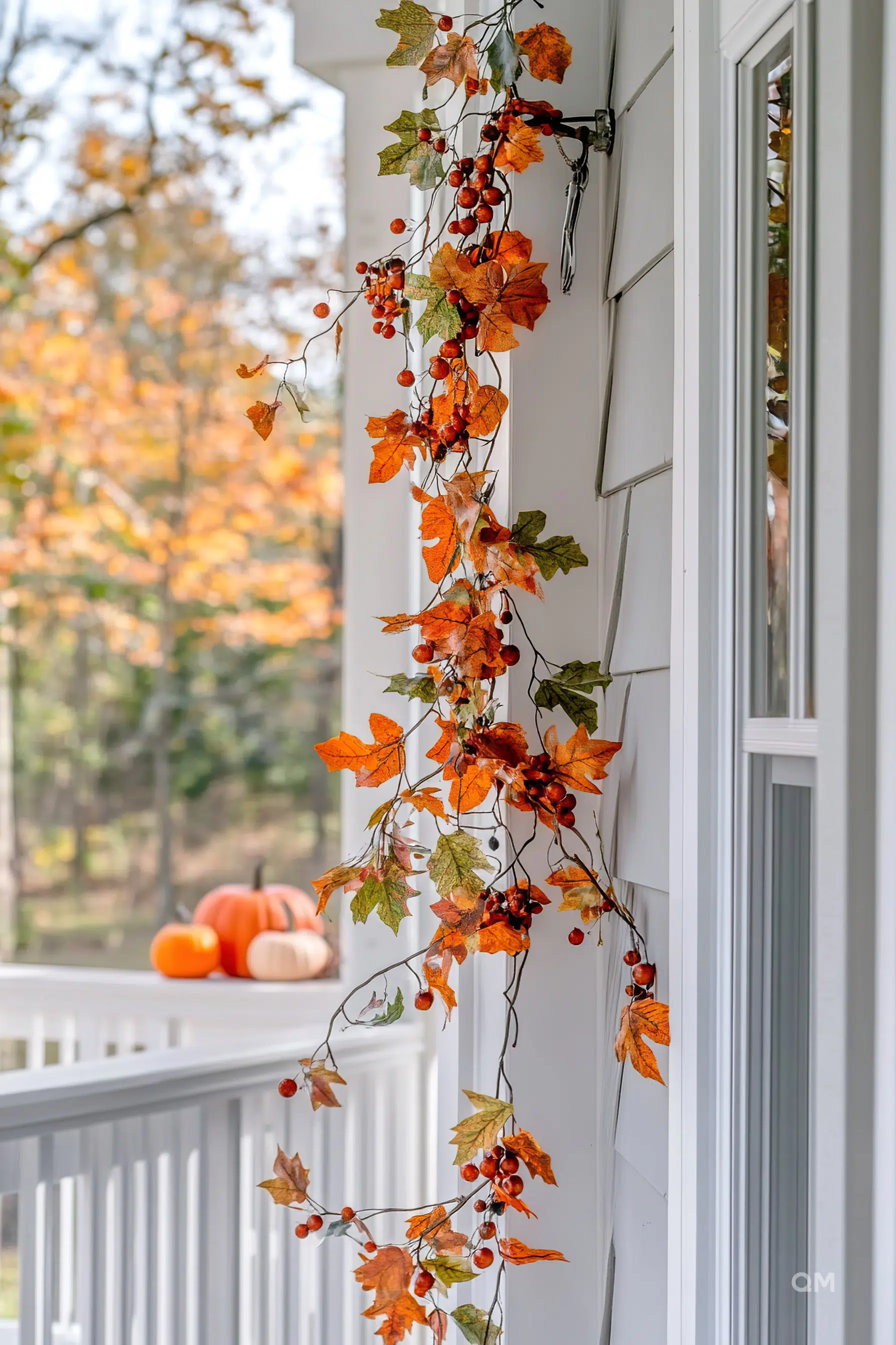ALT: An autumn-themed decoration with artificial orange leaves and berries hangs on a white porch column, next to a window with fall trees in the background.