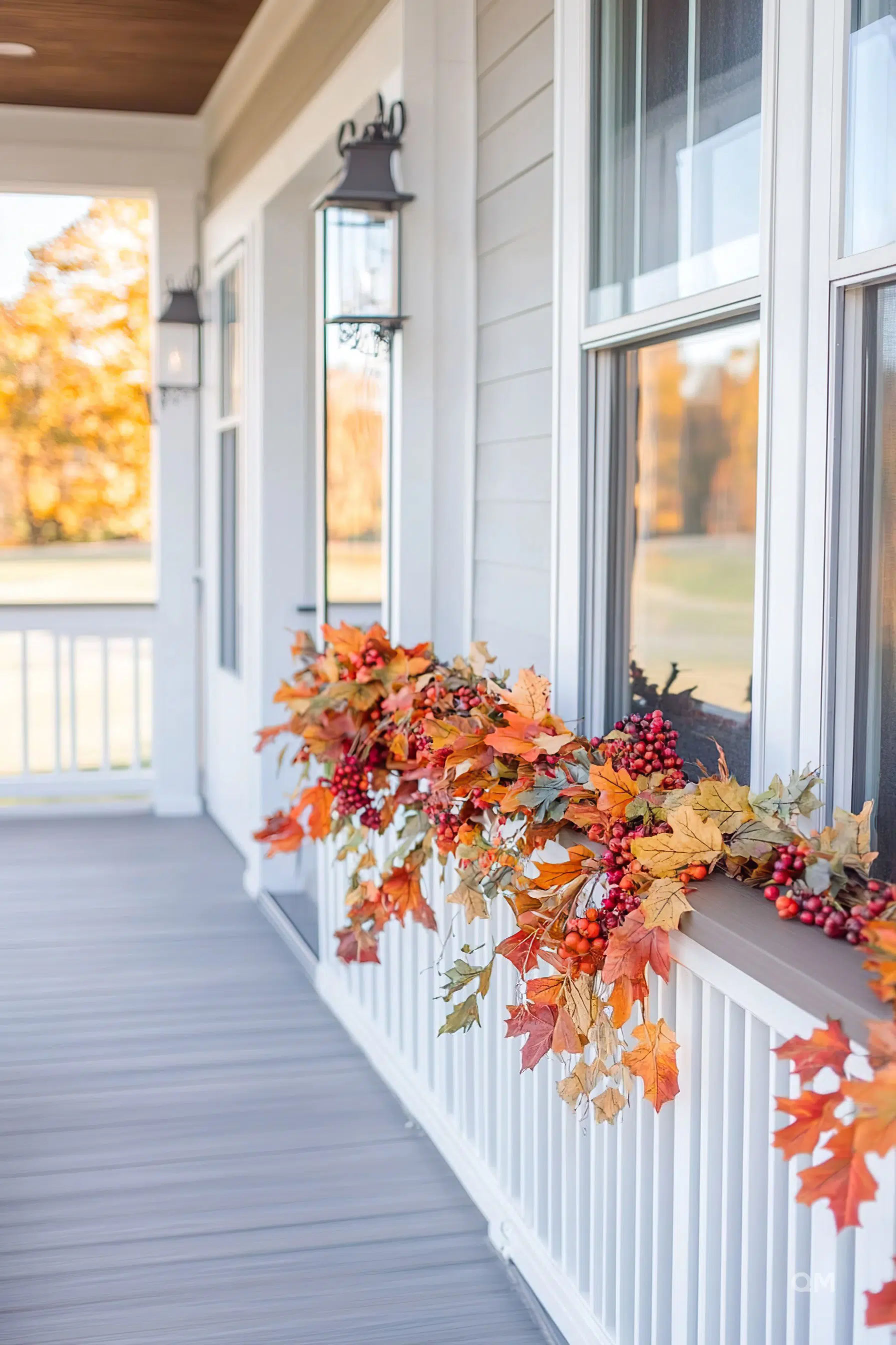 Porch with autumn leaf garland decorations on the railing and wall-mounted lanterns beside windows.