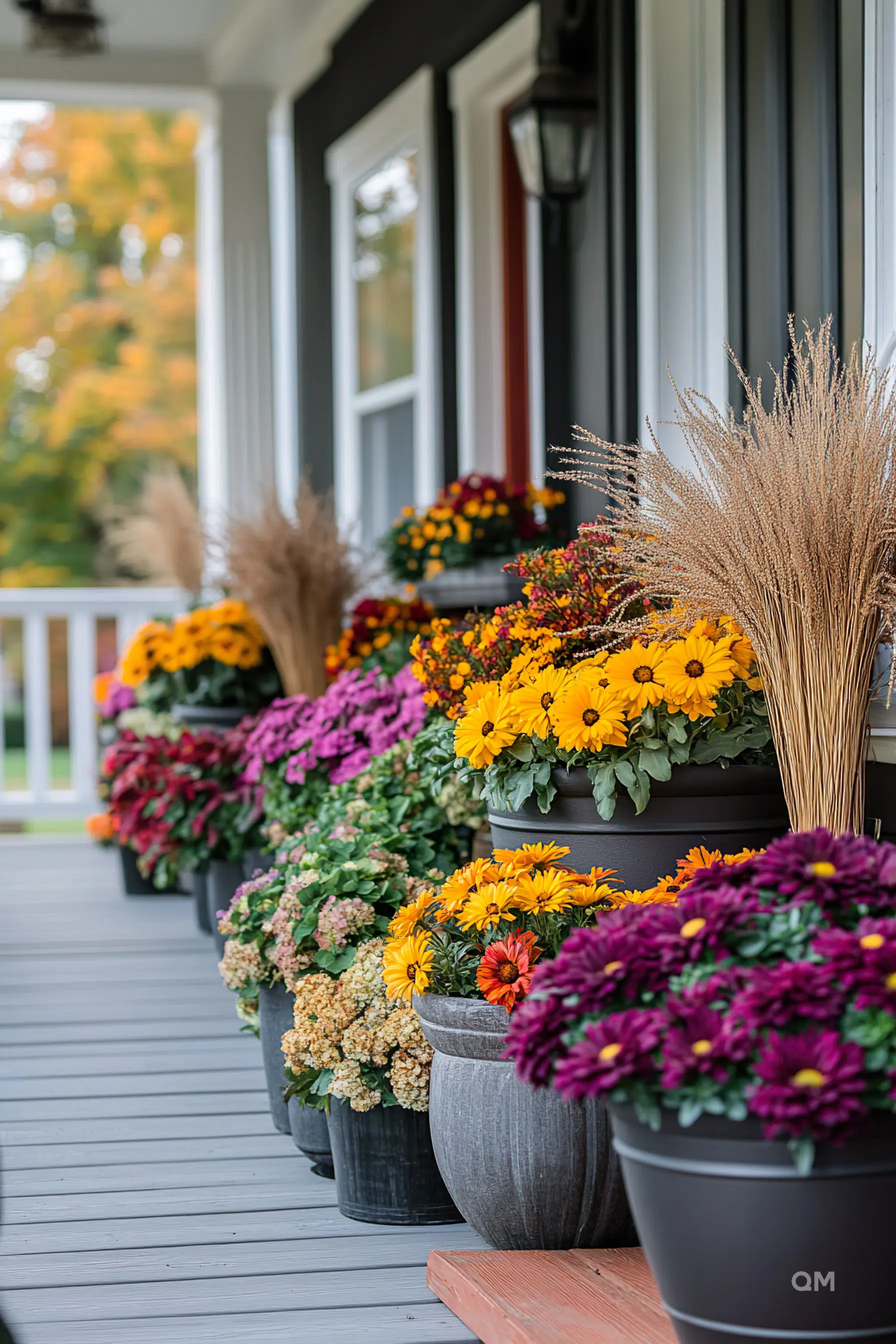 A line of vibrant potted flowers and ornamental grasses decorating a cozy home porch.