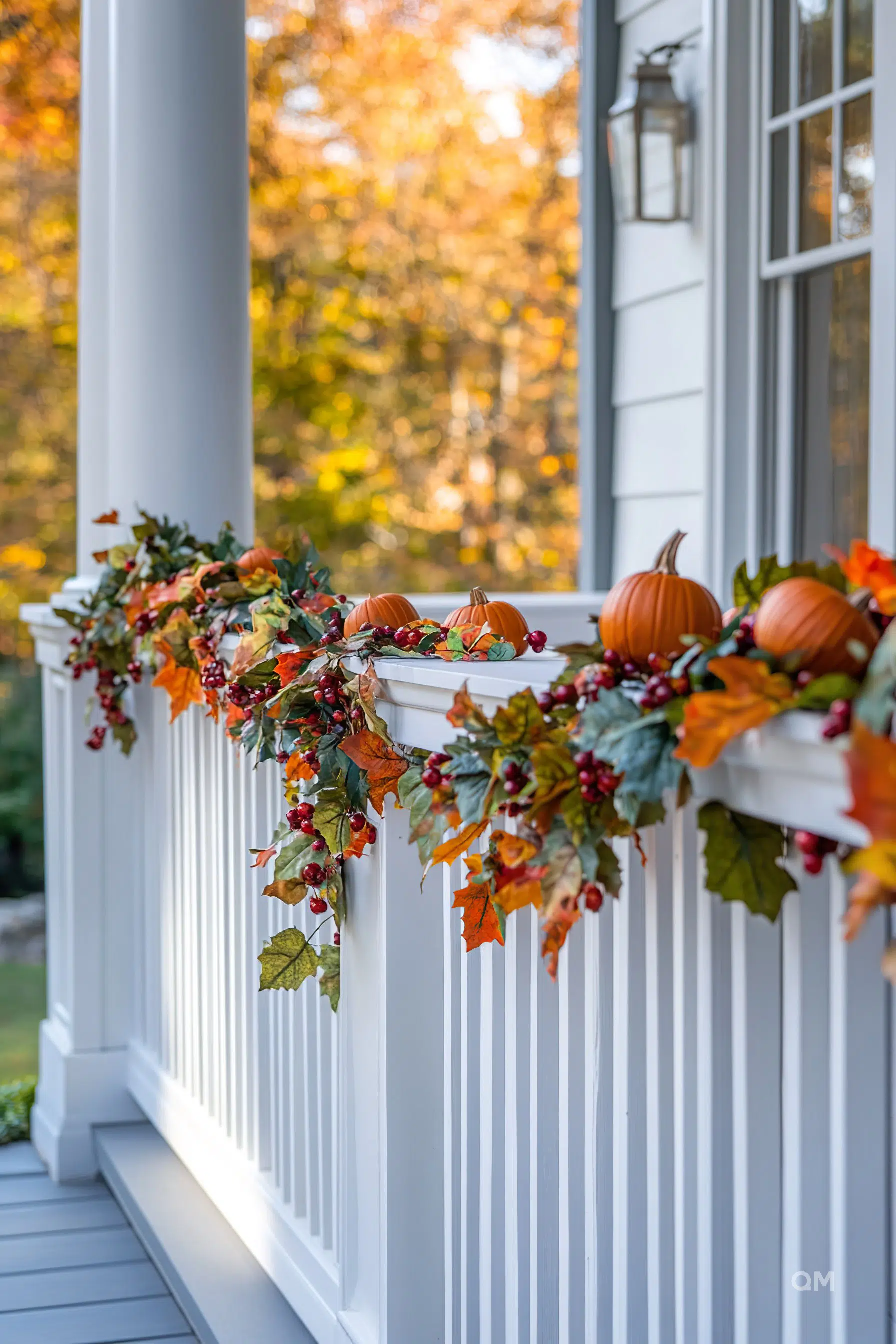 Front porch railing adorned with a festive autumnal garland of leaves and pumpkins, with blurred fall foliage in the background.