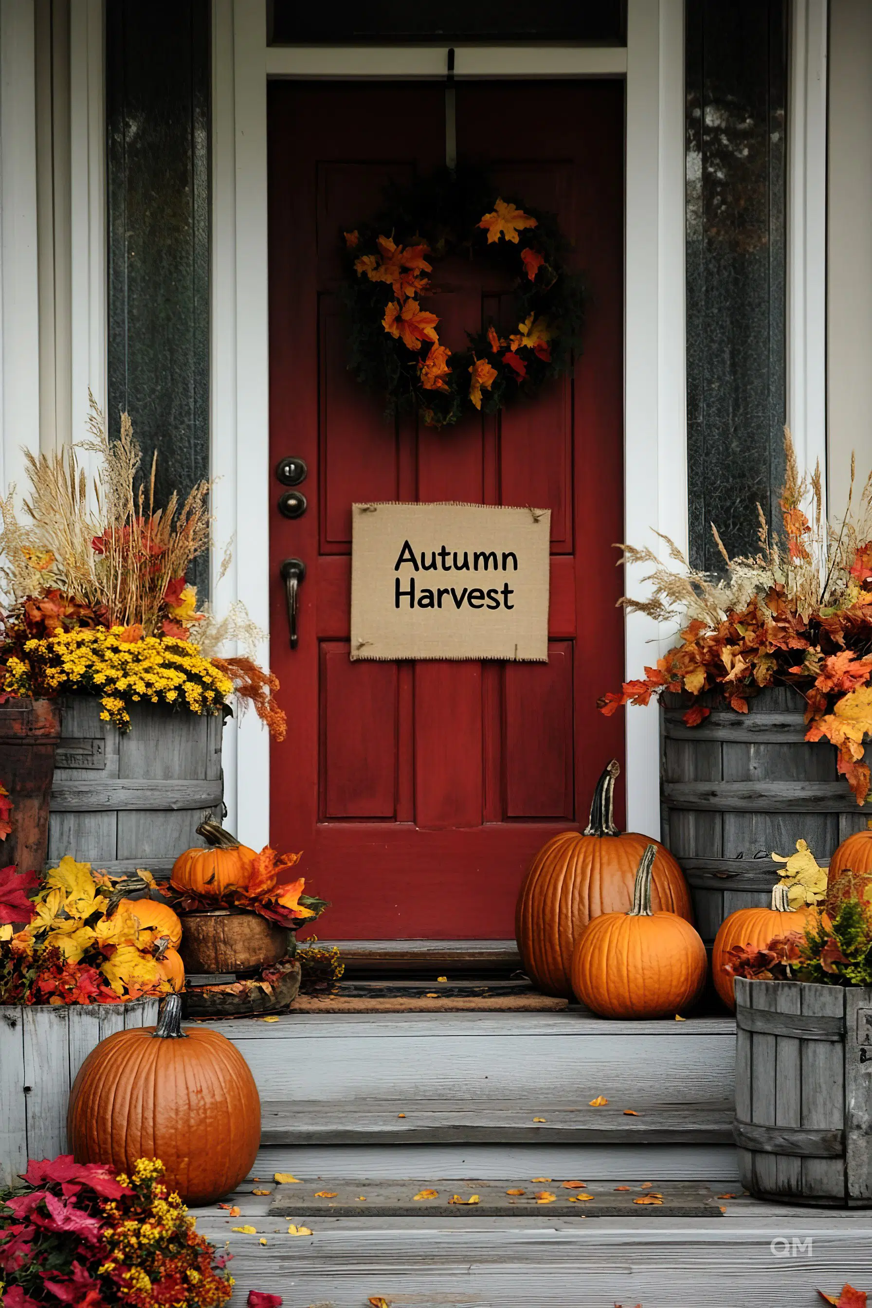A welcoming front door decorated with fall-themed items including a wreath, pumpkins, and a sign that reads "Autumn Harvest."
