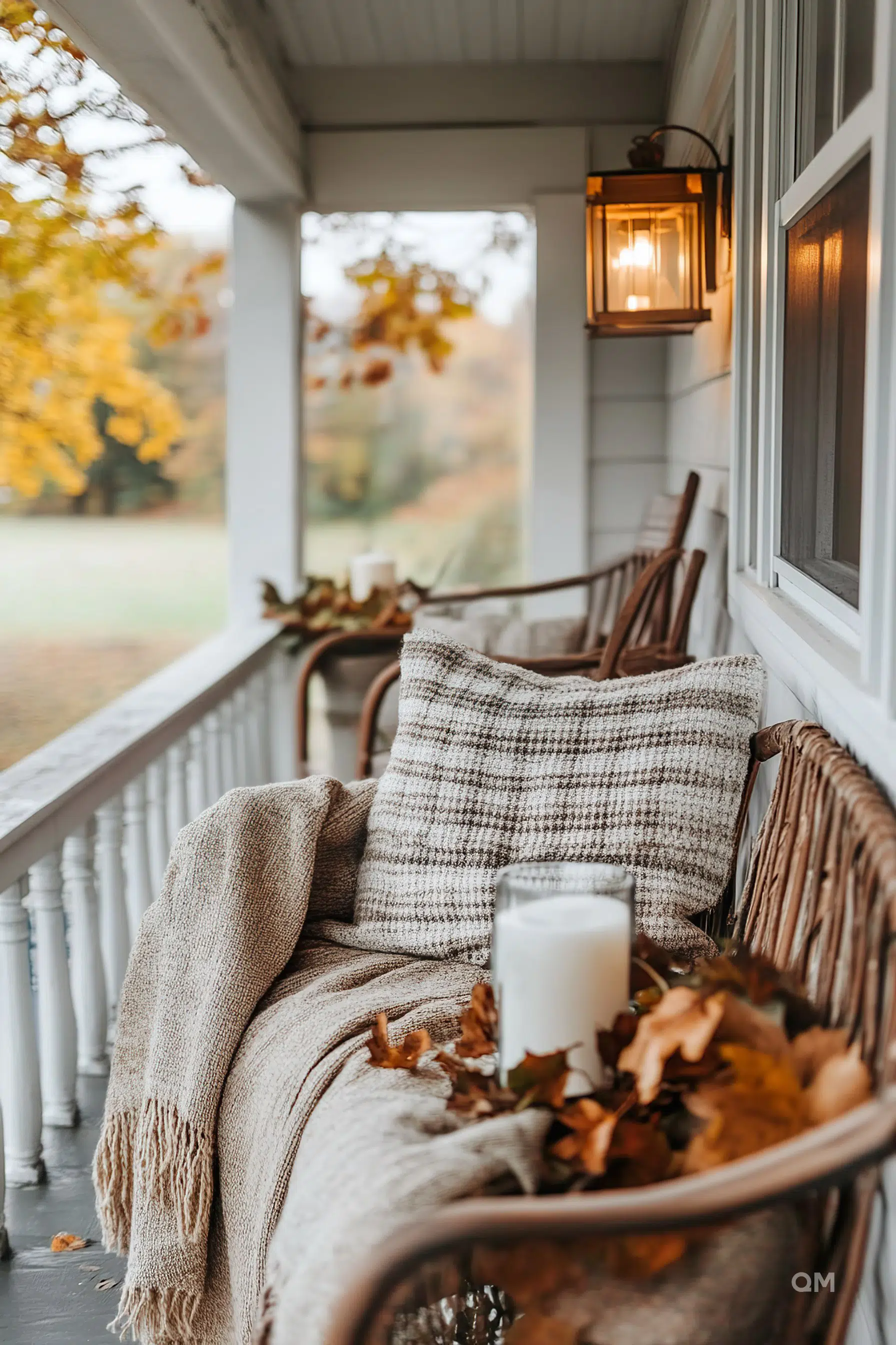 Cozy porch corner with a wicker chair, plaid cushion, blanket, and autumn leaves on a crisp day.
