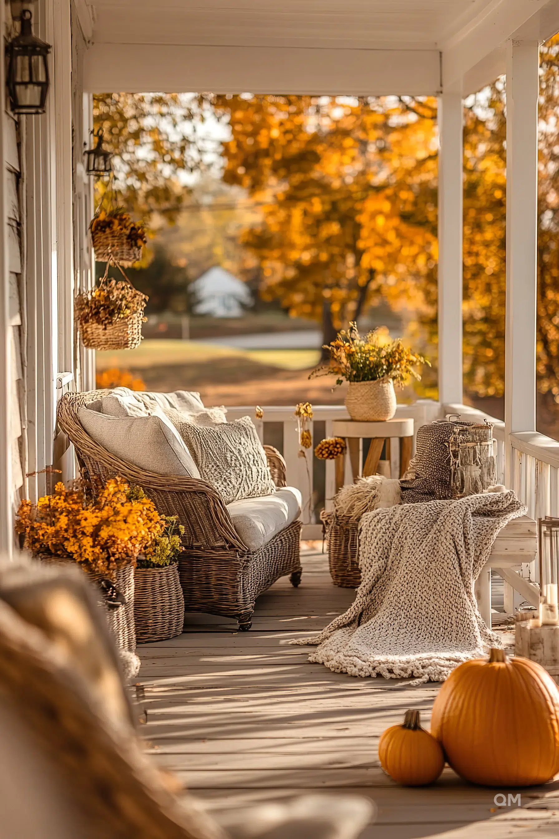 Cozy porch with wicker furniture, blankets, and pumpkins, overlooking autumn leaves.