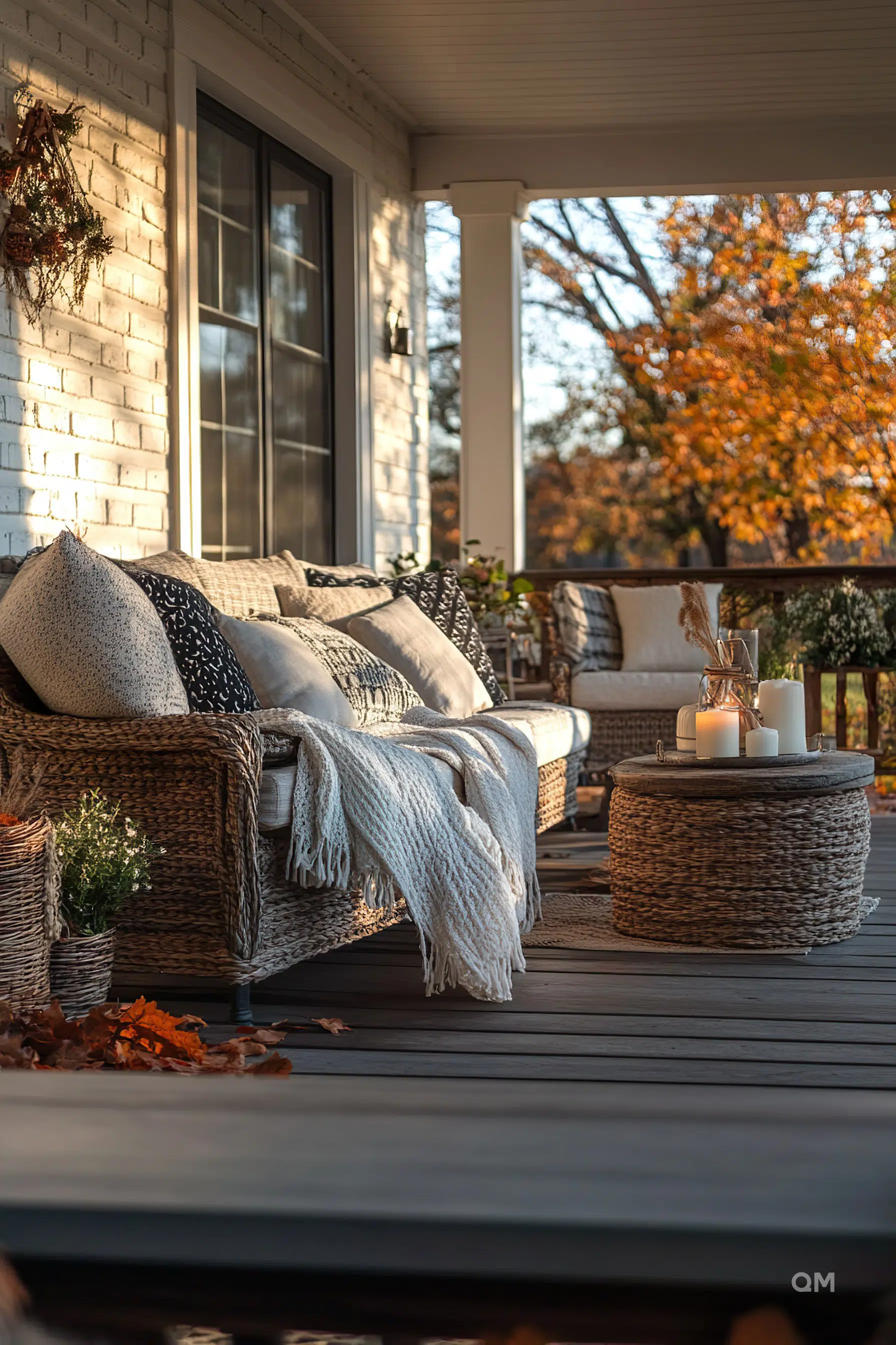 A cozy porch with a wicker sofa adorned with pillows and a throw blanket, a round wicker table with candles, and autumn leaves scattered on the floor.