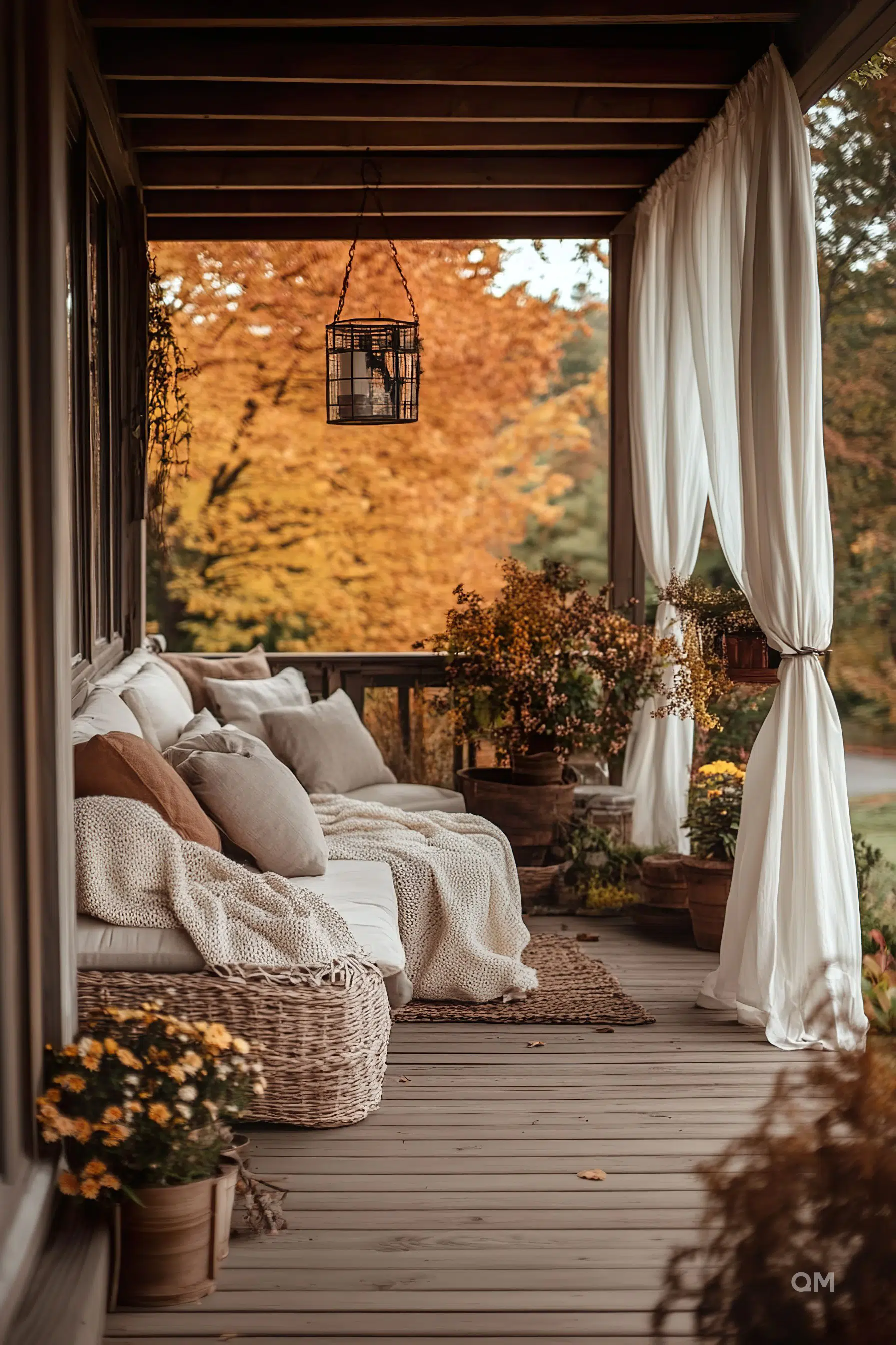 Cozy porch with a daybed, cushions, and blankets, framed by flowing white curtains, overlooking autumn trees.