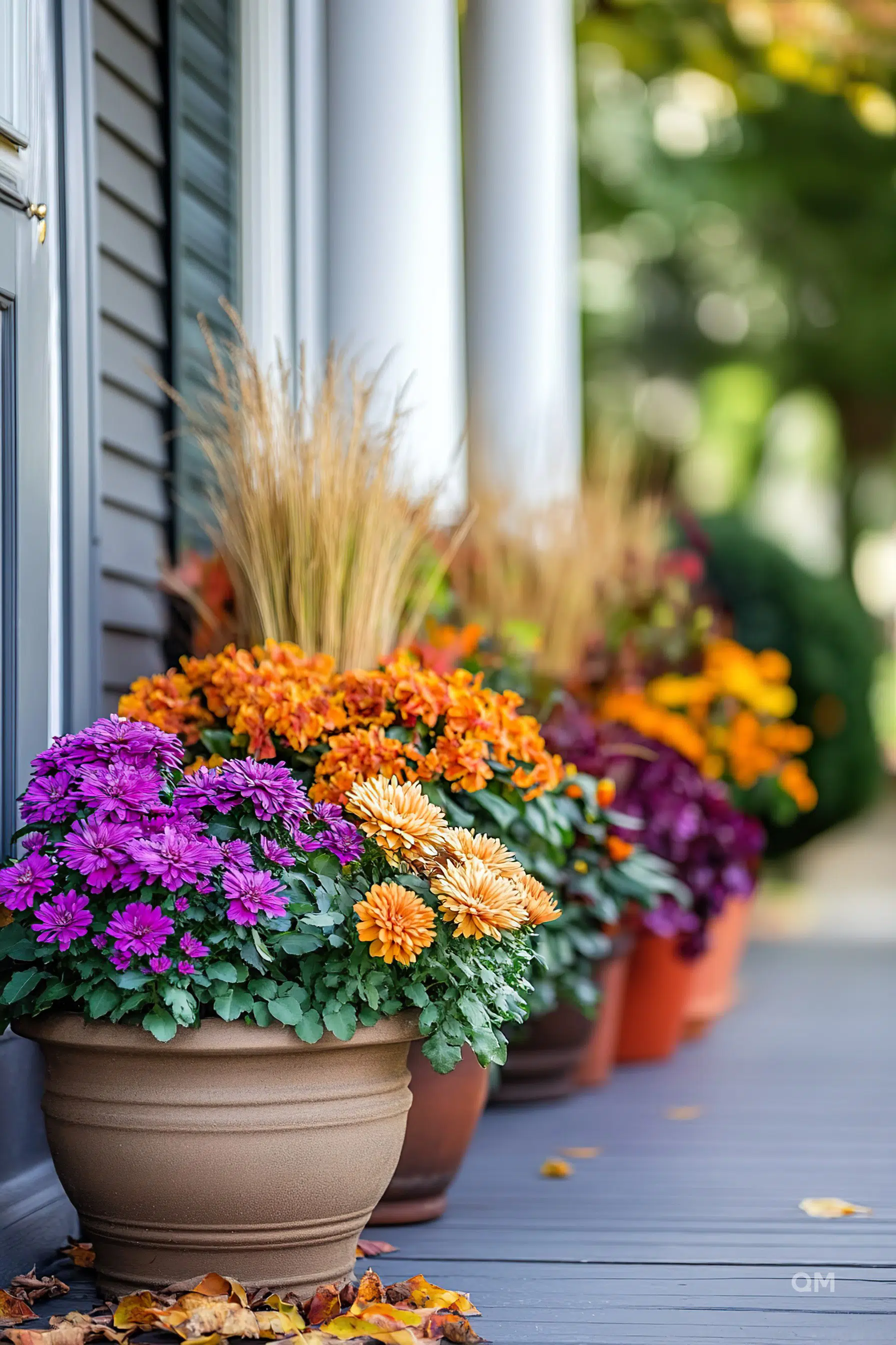 A line of vibrant orange, purple, and yellow mums in terracotta pots on a porch, with scattered autumn leaves on the ground.