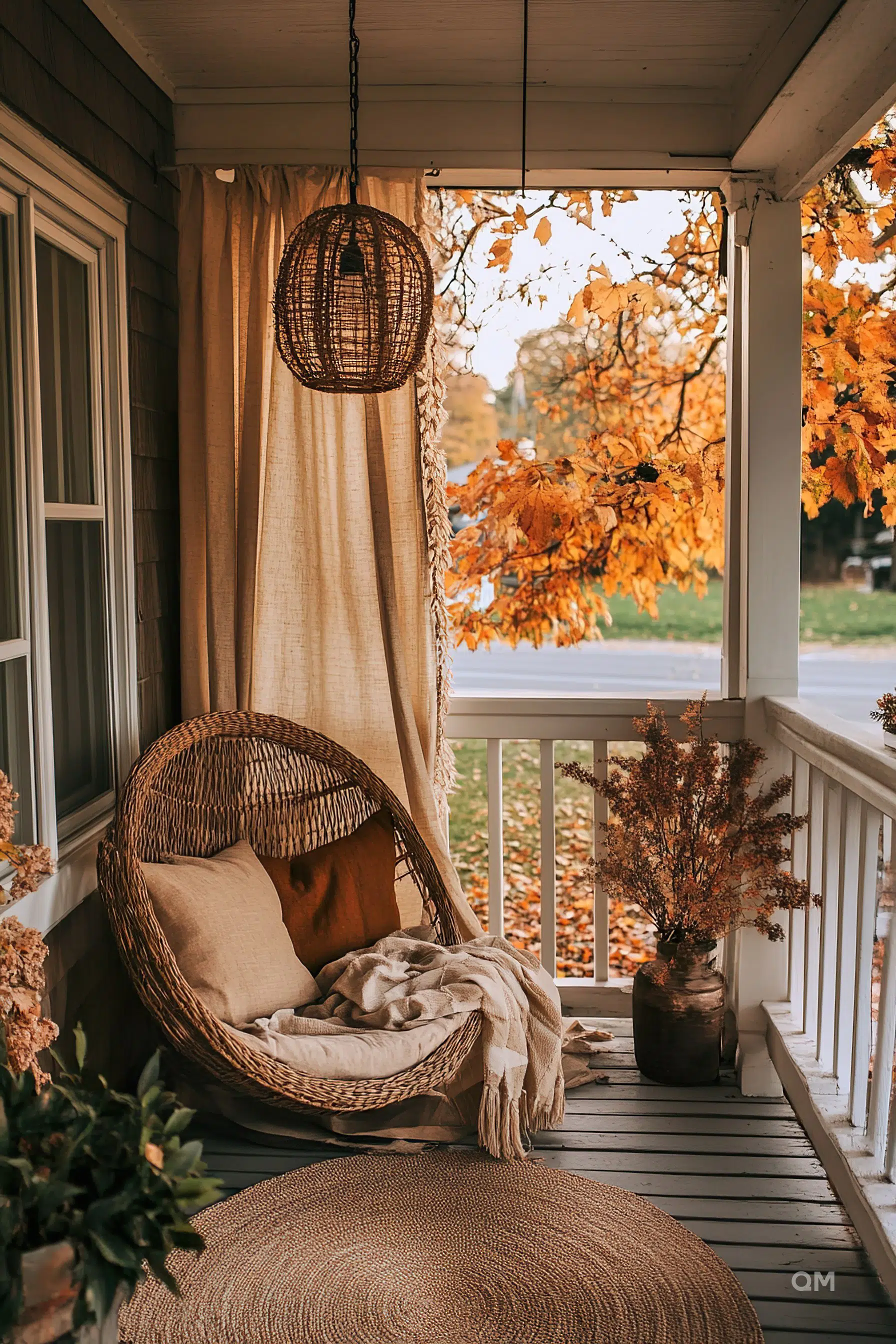 A cozy porch with a hanging wicker egg chair, round rug, draped curtain, and autumn leaves in the background.