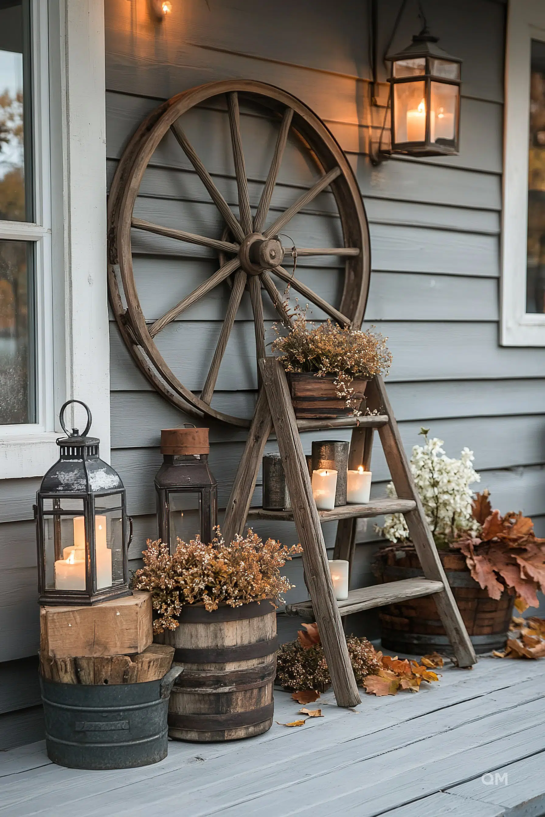 Rustic outdoor autumn decor with a large wooden wheel, candle lanterns, wooden ladder with candles, barrels, and dried flowers on a porch.