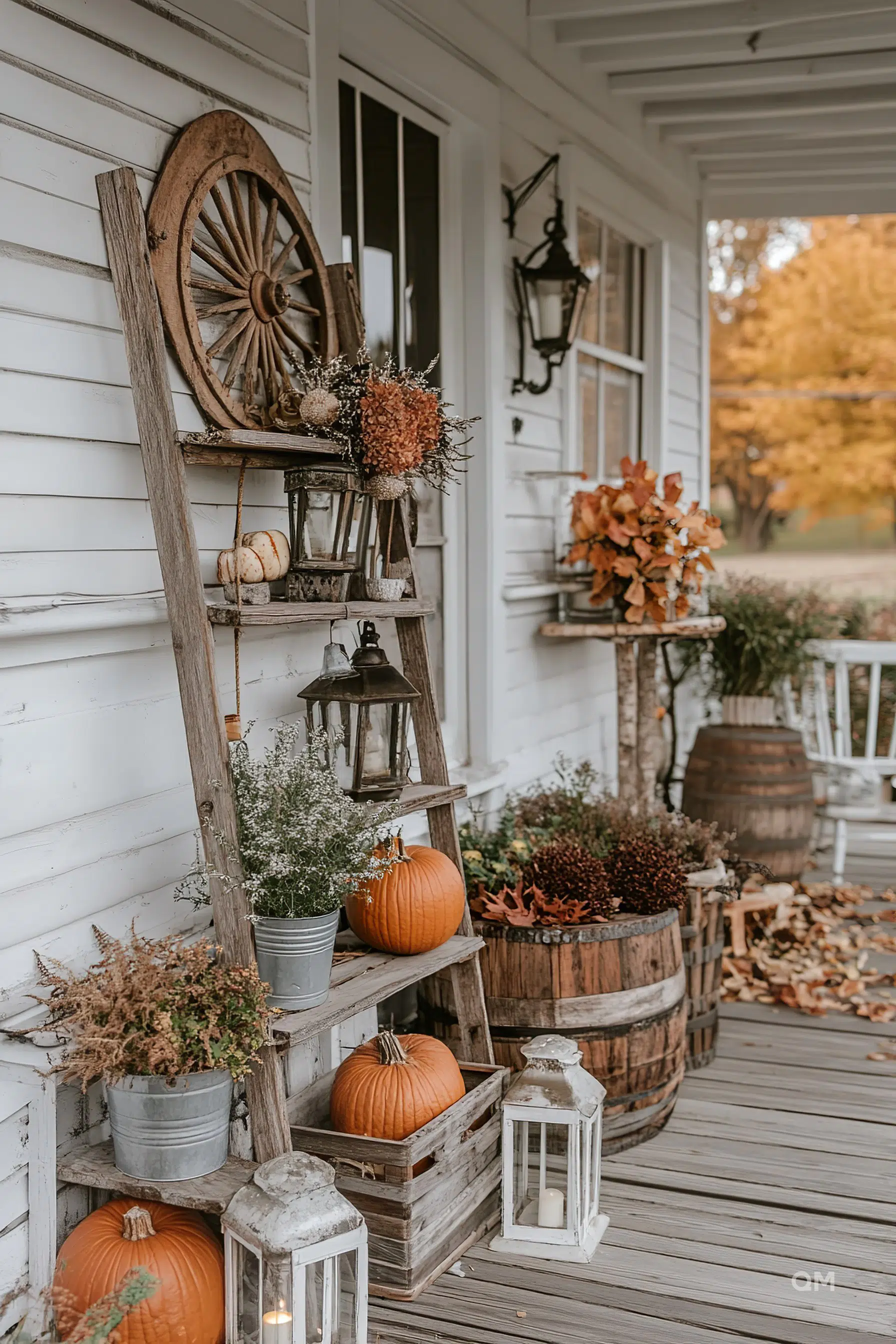 ALT: A rustic porch decorated with autumnal items including pumpkins, dried flowers, wooden ladder, barrels, and lanterns, evoking a cozy fall atmosphere.