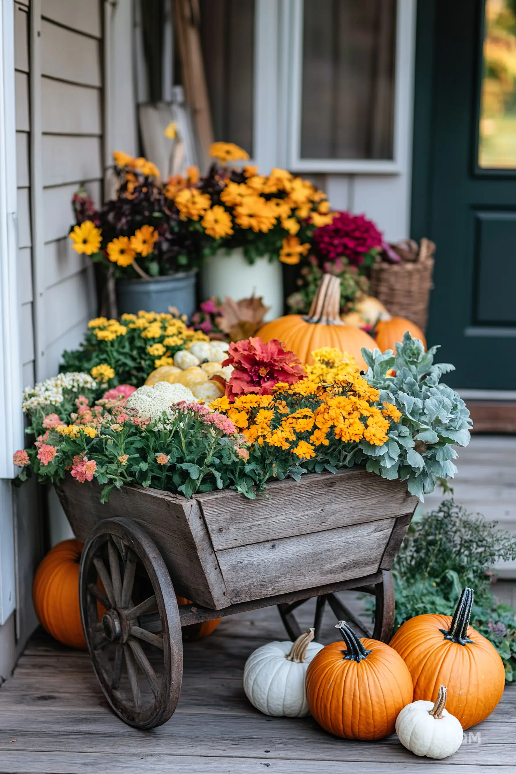 A wooden cart overflowing with colorful autumn flowers, flanked by bright orange and white pumpkins on a porch.