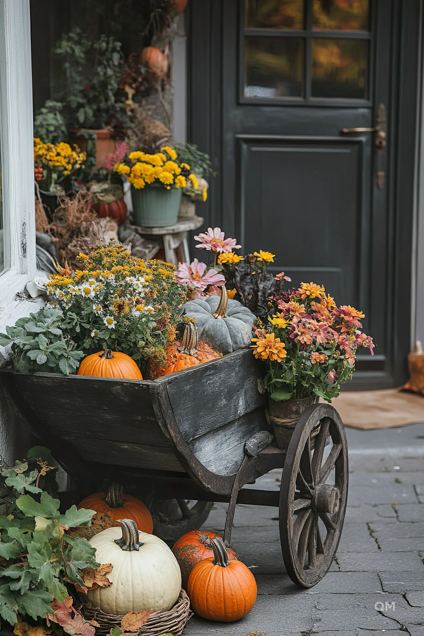 A rustic wooden cart filled with colorful autumn flowers and pumpkins by a front door, creating a festive fall display.